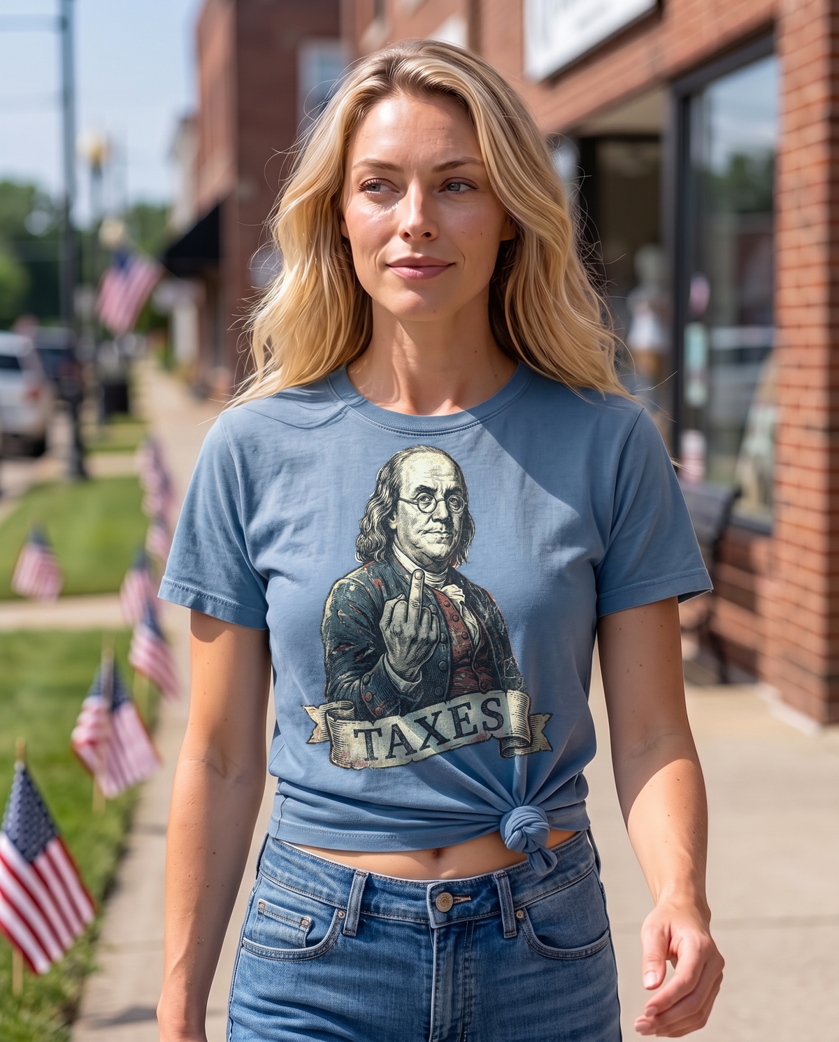 Woman walking a small-town brick main street lined with American flags in a knotted Blue Jean Ben Franklin TAXES tee