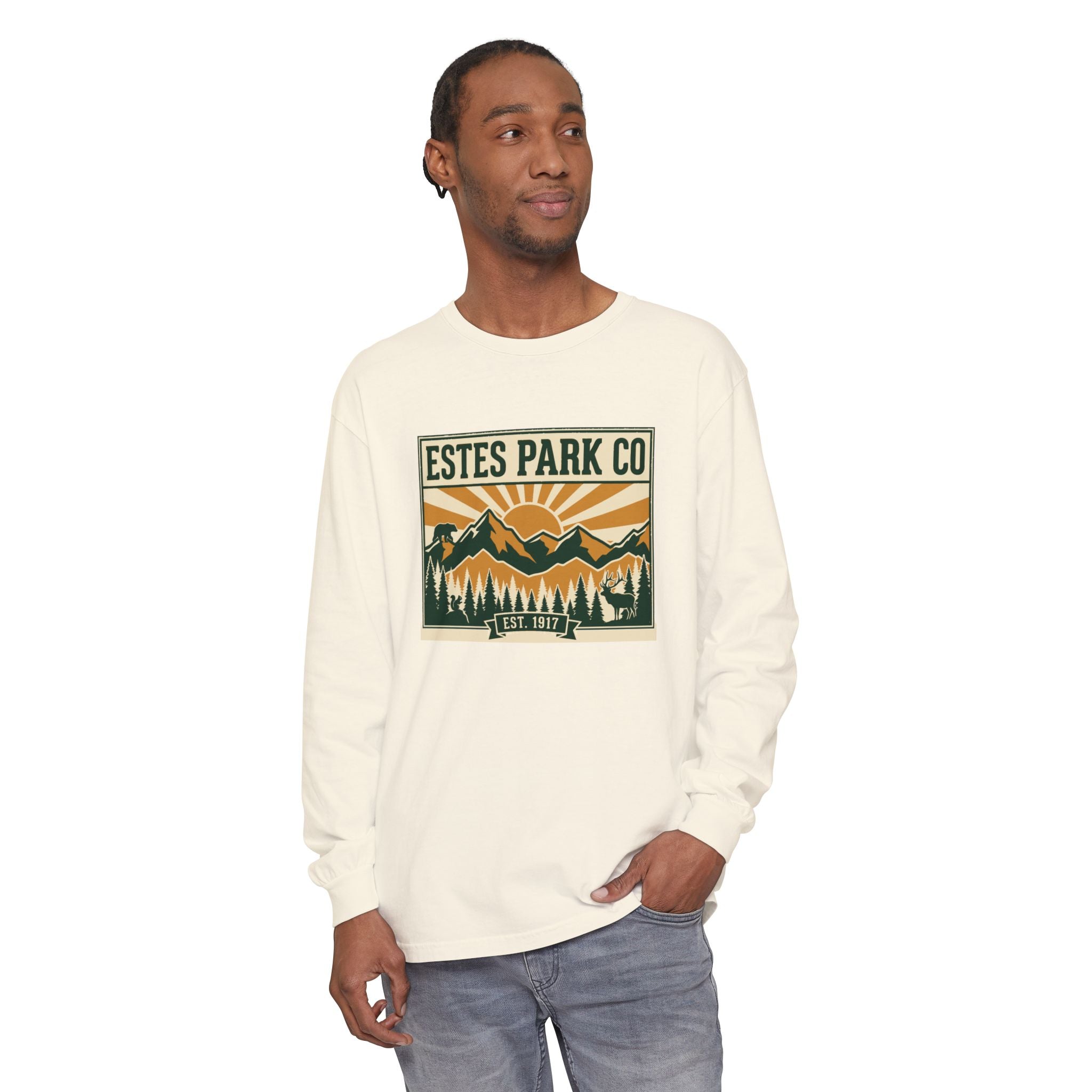 Estes Park CO Hidden Wildlife Long Sleeve Tee | Forest Green EST. 1917 | Comfort Colors