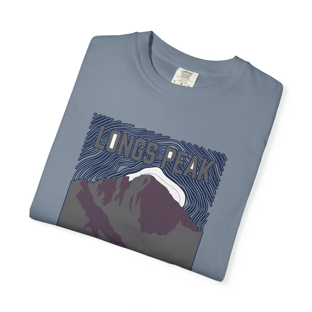 Longs Peak Colorado tee, 14,259 ft summit silhouette with Rocky Mountain National Park topographic graphic, alternate product view