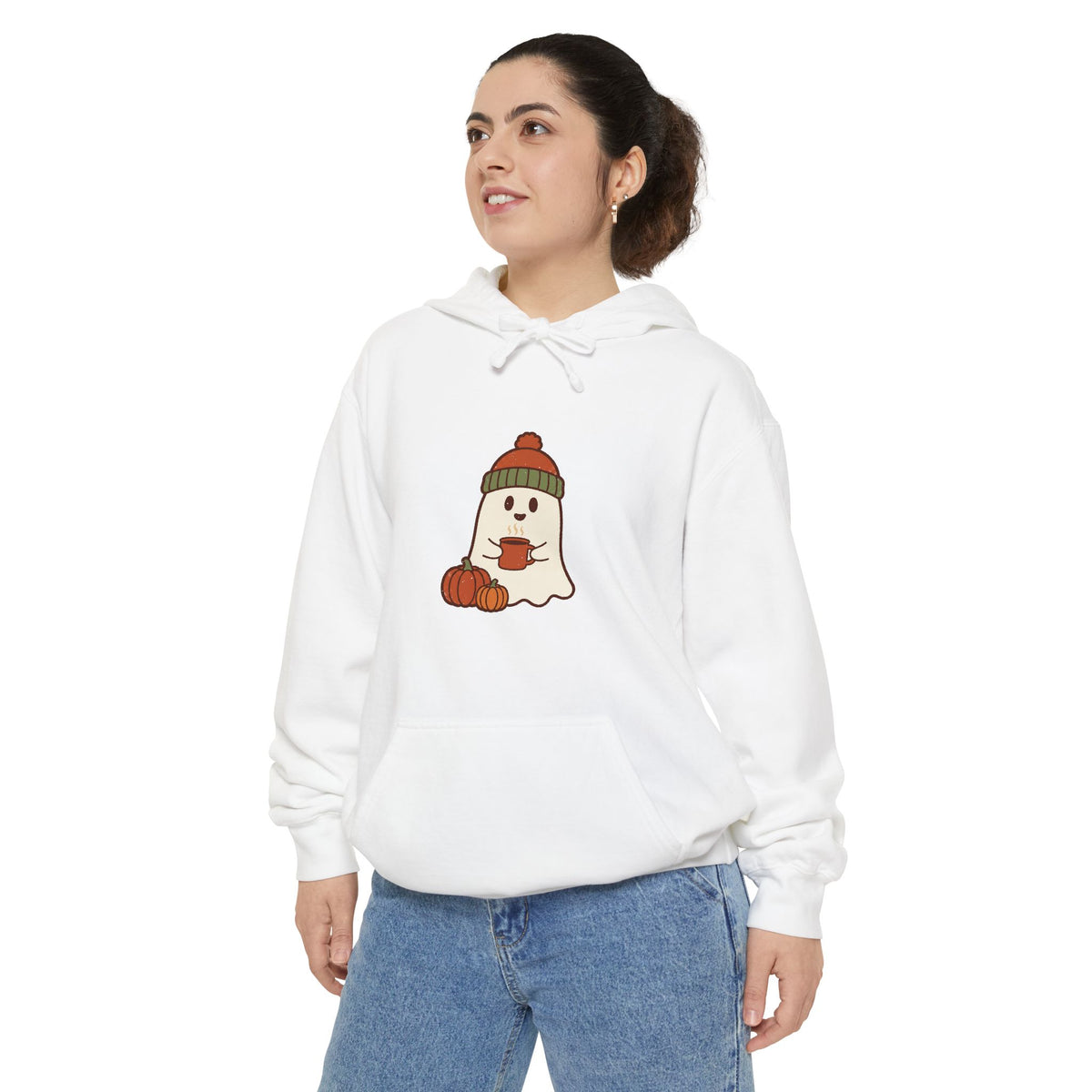 Retro Ghost Hoodie | Ghost in a Knitted Beanie Cocoa Art | Comfort Colors Garment Dyed