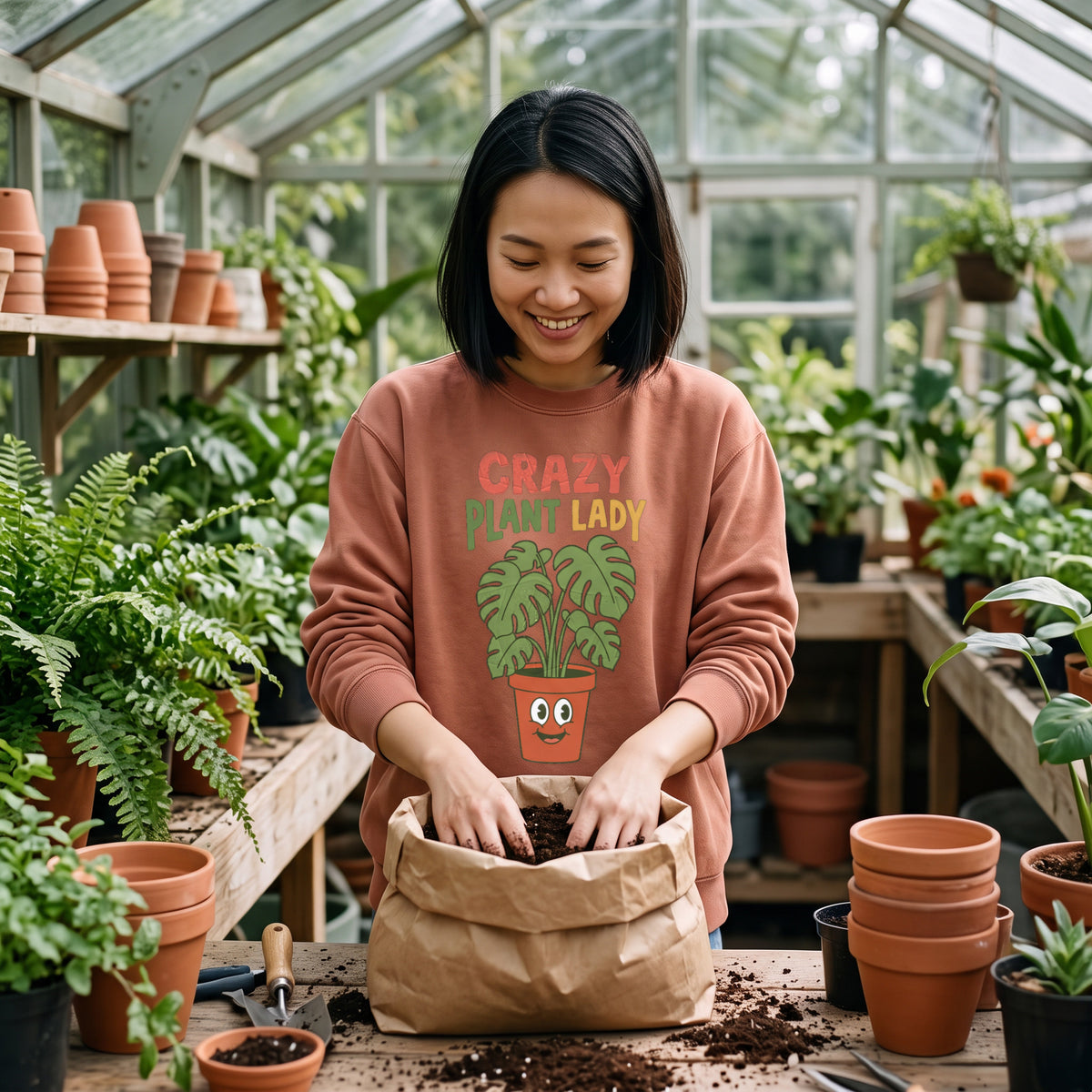 Crazy Plant Lady crewneck sweatshirt in clay, worn by an approved model, mid lifestyle photograph