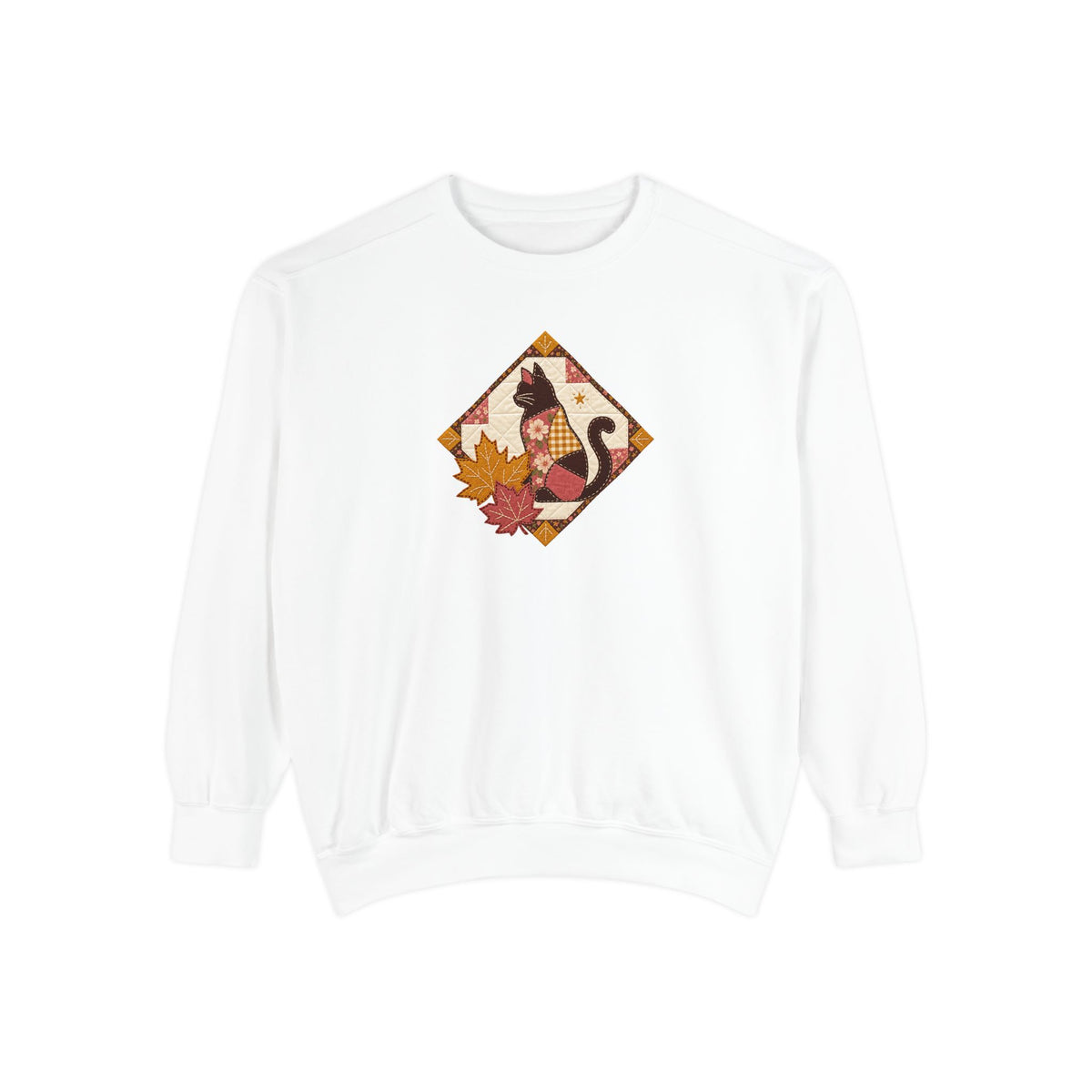 Black Cat Crewneck Sweatshirt | Vintage Patchwork Quilt Fall Art | Comfort Colors Garment Dyed