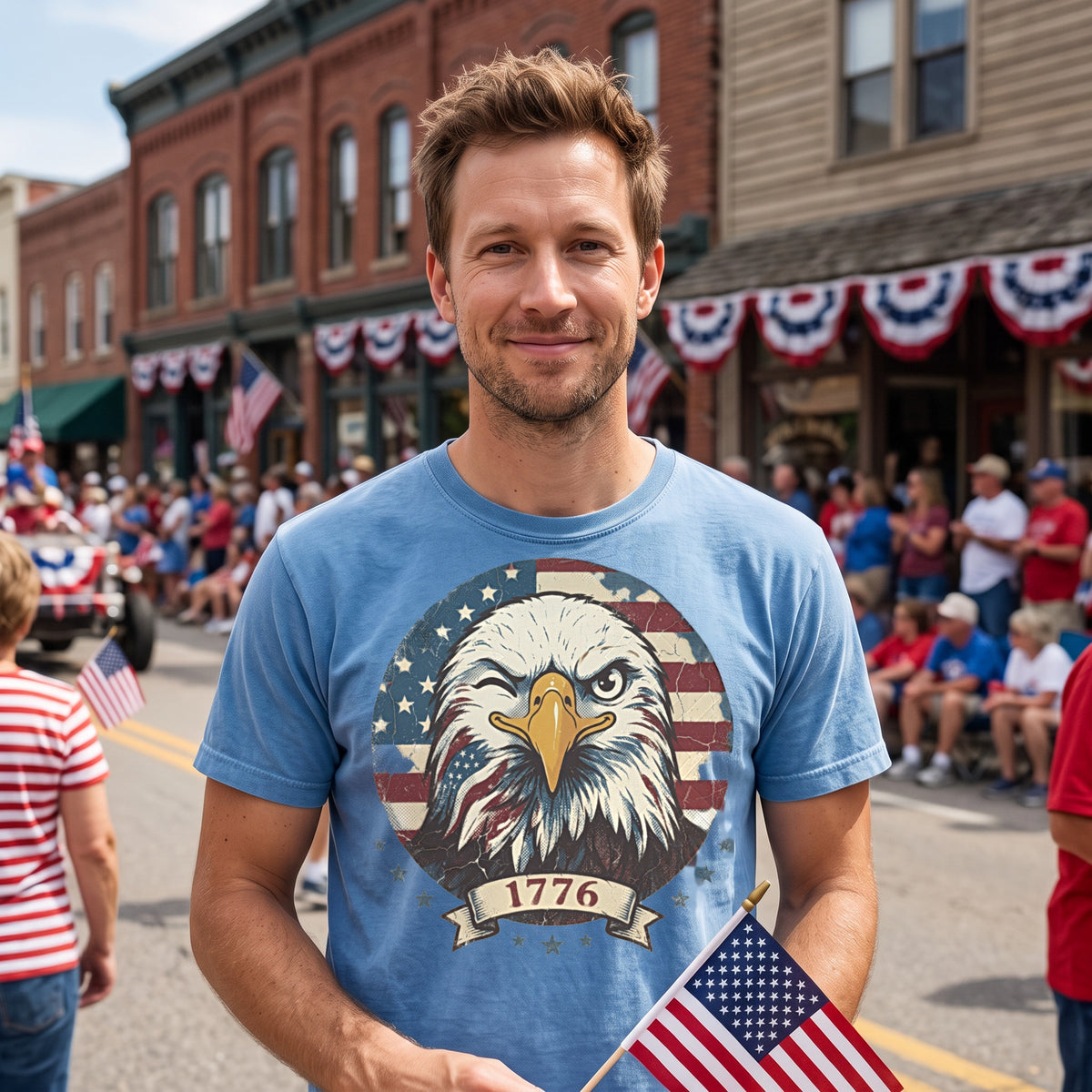 Winking 1776 Eagle tee in carolina blue, worn by an approved model, wide lifestyle photograph