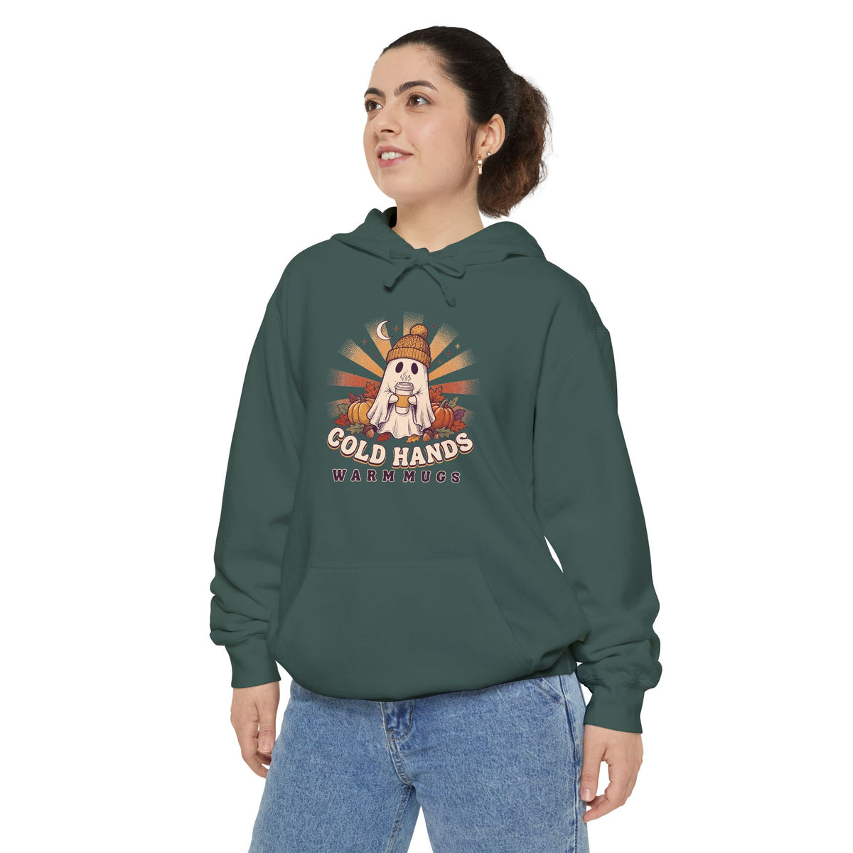Cozy Ghost Hoodie | Cold Hands Warm Mugs Fall Coffee Art | Comfort Colors Garment Dyed