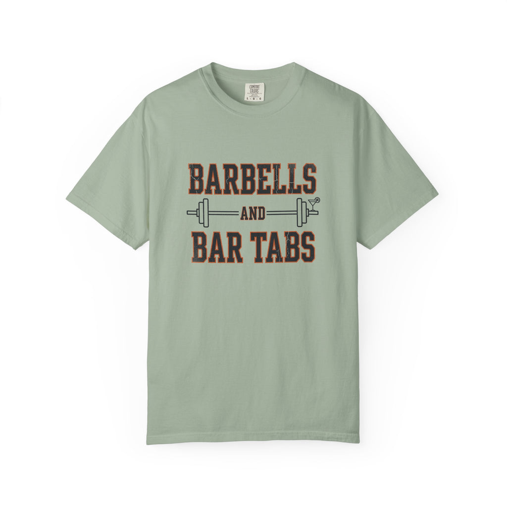 Bay garment dyed Comfort Colors tee with the Barbells And Bar Tabs barbell and cocktail glass design