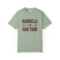 Bay garment dyed Comfort Colors tee with the Barbells And Bar Tabs barbell and cocktail glass design