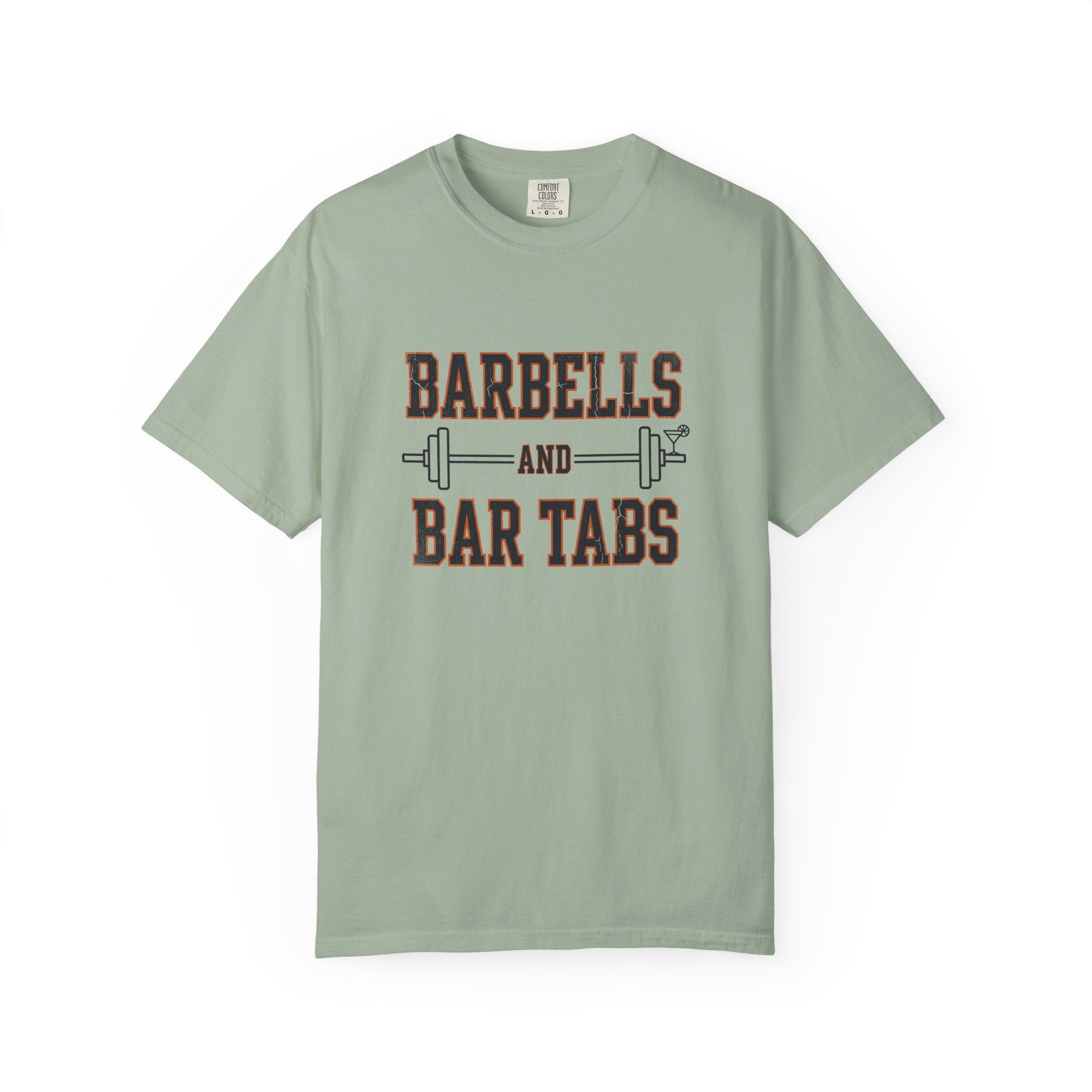 Bay garment dyed Comfort Colors tee with the Barbells And Bar Tabs barbell and cocktail glass design