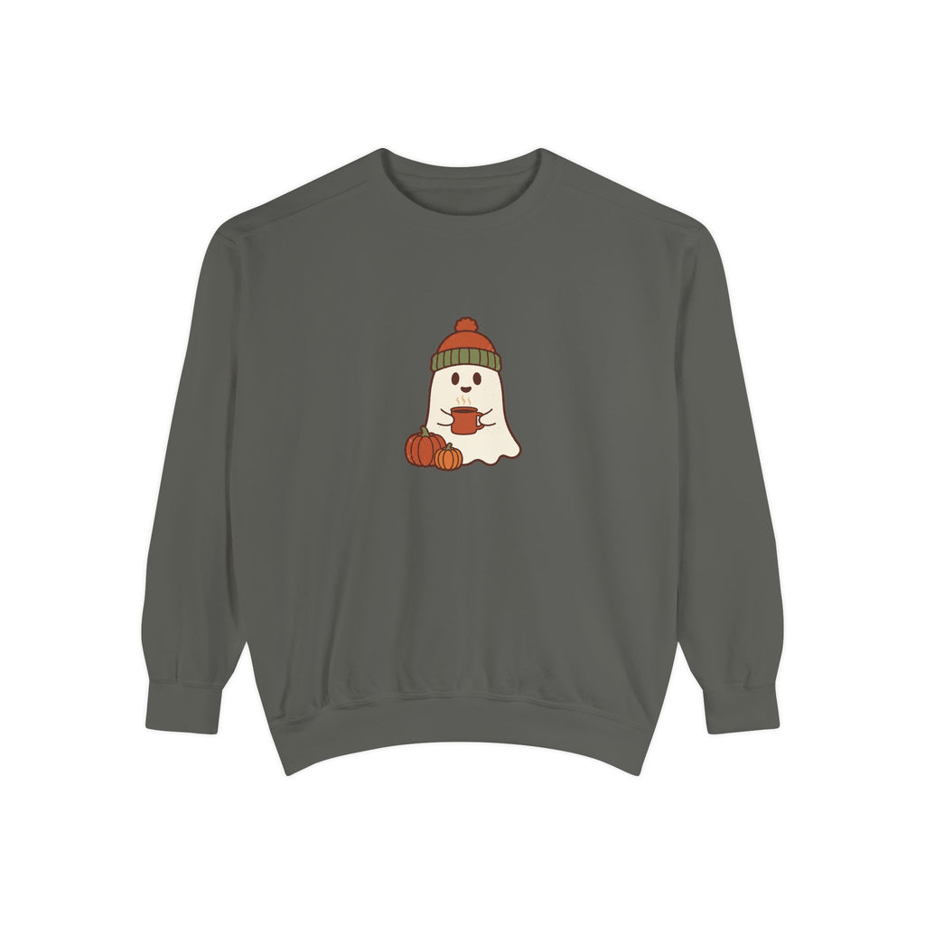 Retro Ghost Crewneck Sweatshirt | Ghost in a Knitted Beanie Cocoa Art | Comfort Colors Garment Dyed