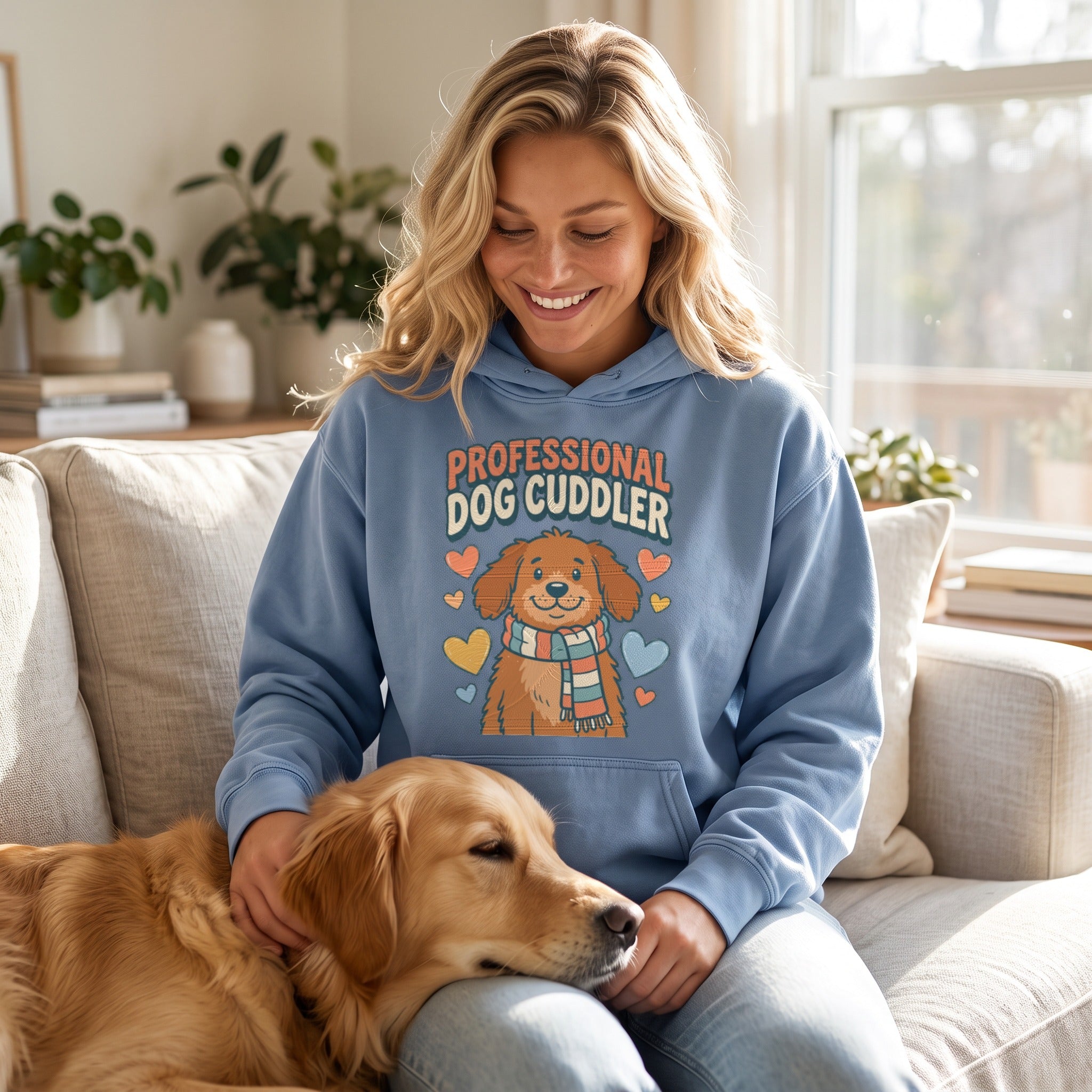 Professional Dog Cuddler hoodie in flo blue, worn by an approved model, wide lifestyle photograph