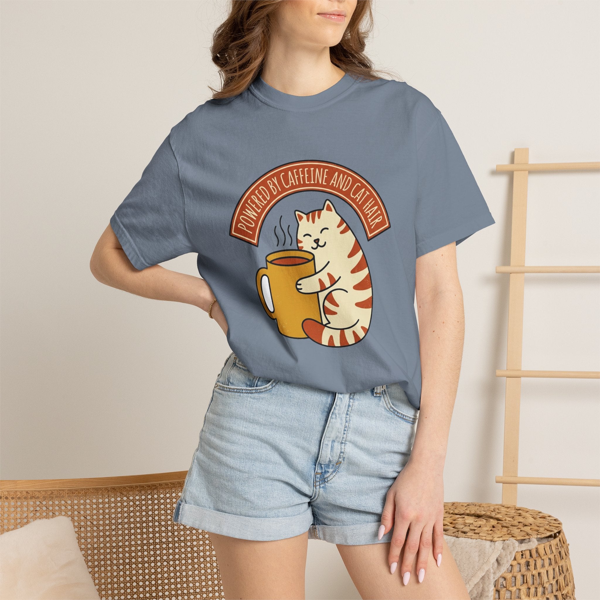 Cat Coffee Powered by Caffeine tee on Comfort Colors garment-dyed cotton, alternate product view