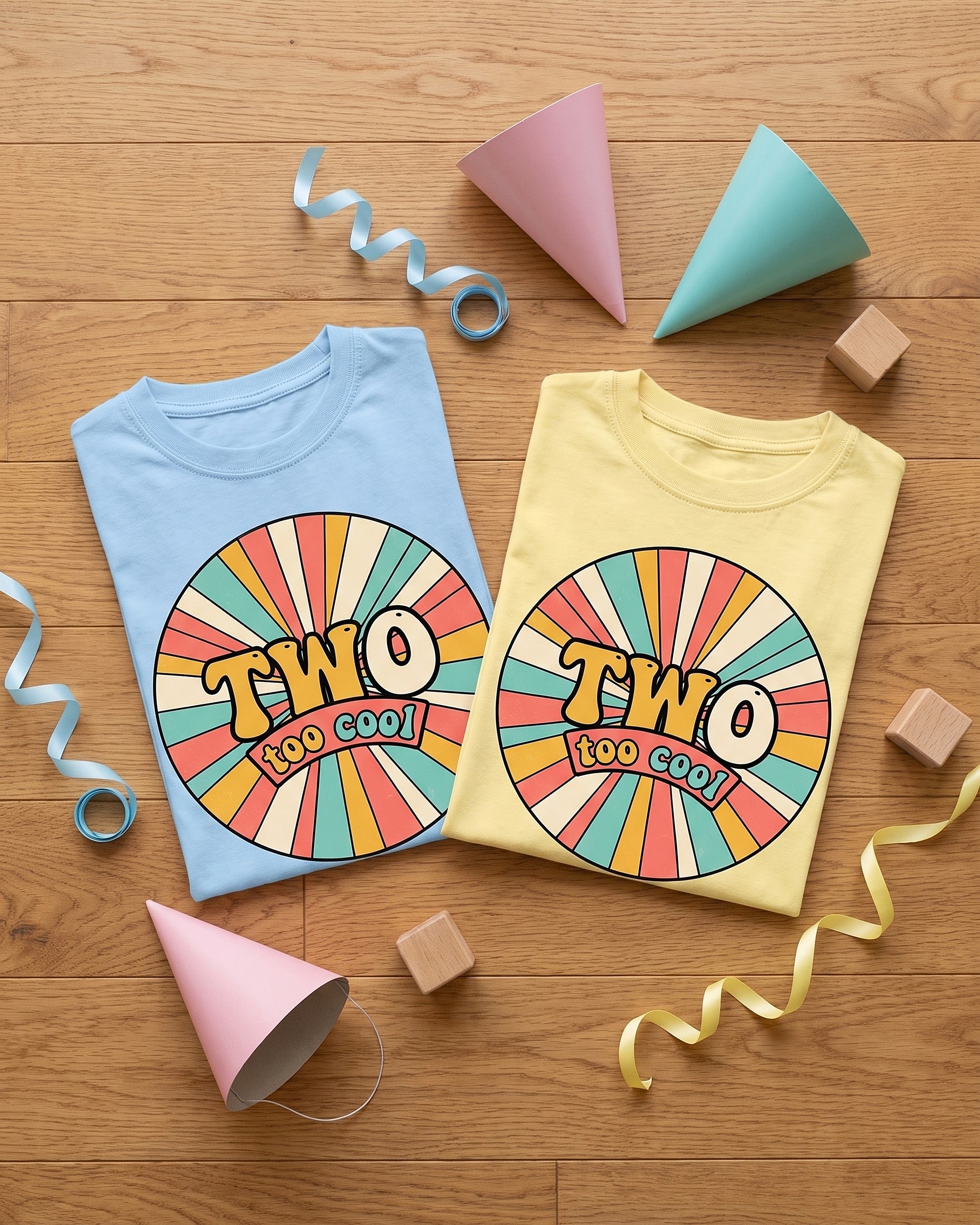 Flat lay of the Two Too Cool 2nd birthday retro sunburst design across matching kids garments with playful props