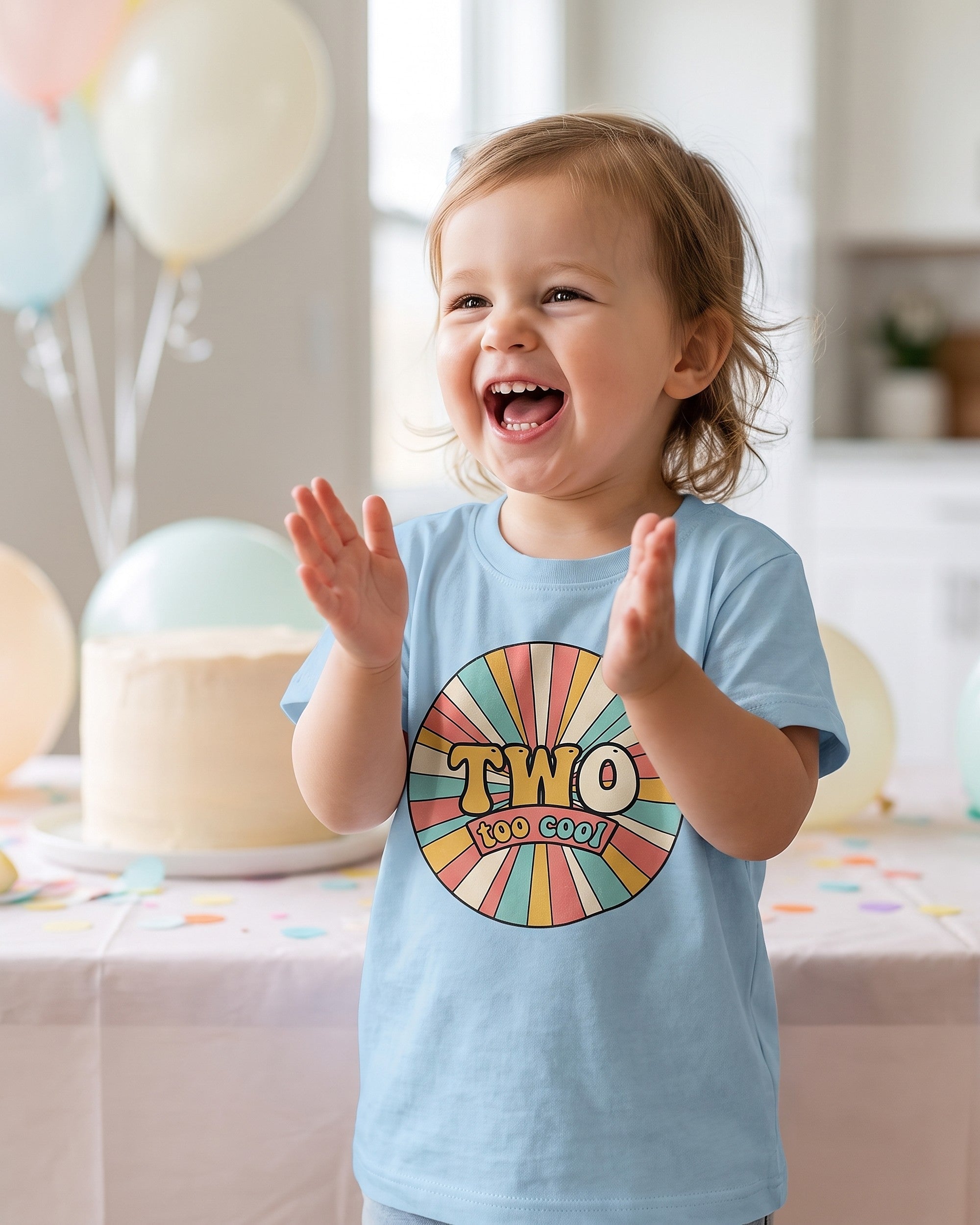 Two Too Cool 2nd birthday retro sunburst design on a kids tee, child laughing in a playful scene
