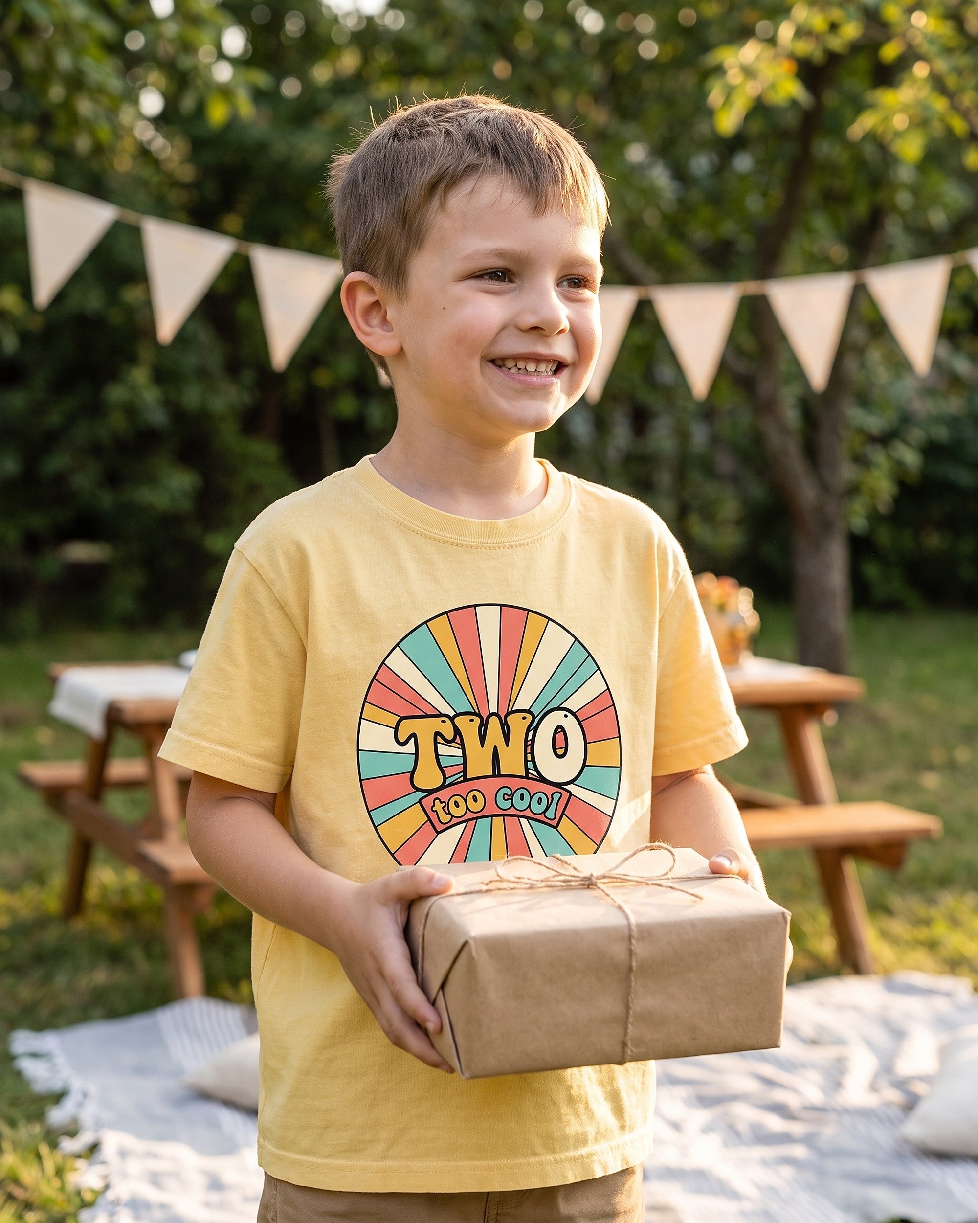 Two Too Cool 2nd birthday retro sunburst design worn by a smiling child outdoors