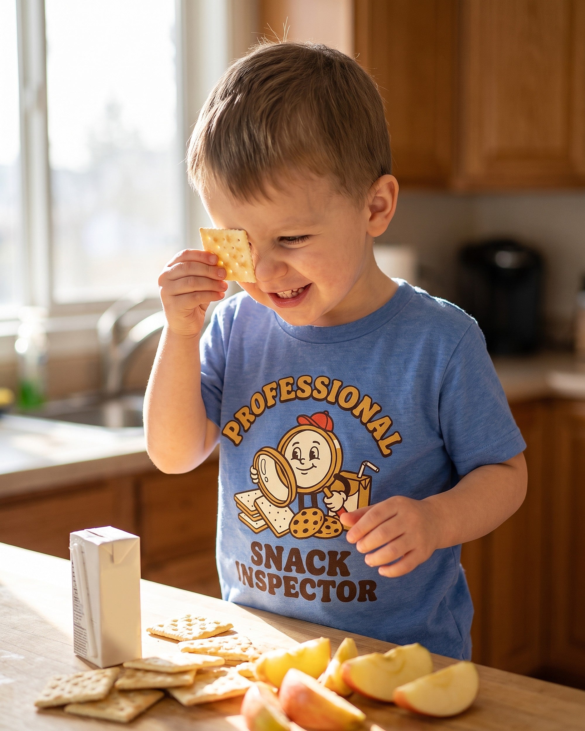 Professional Snack Inspector retro mascot design on a kids tee, child laughing in a playful scene