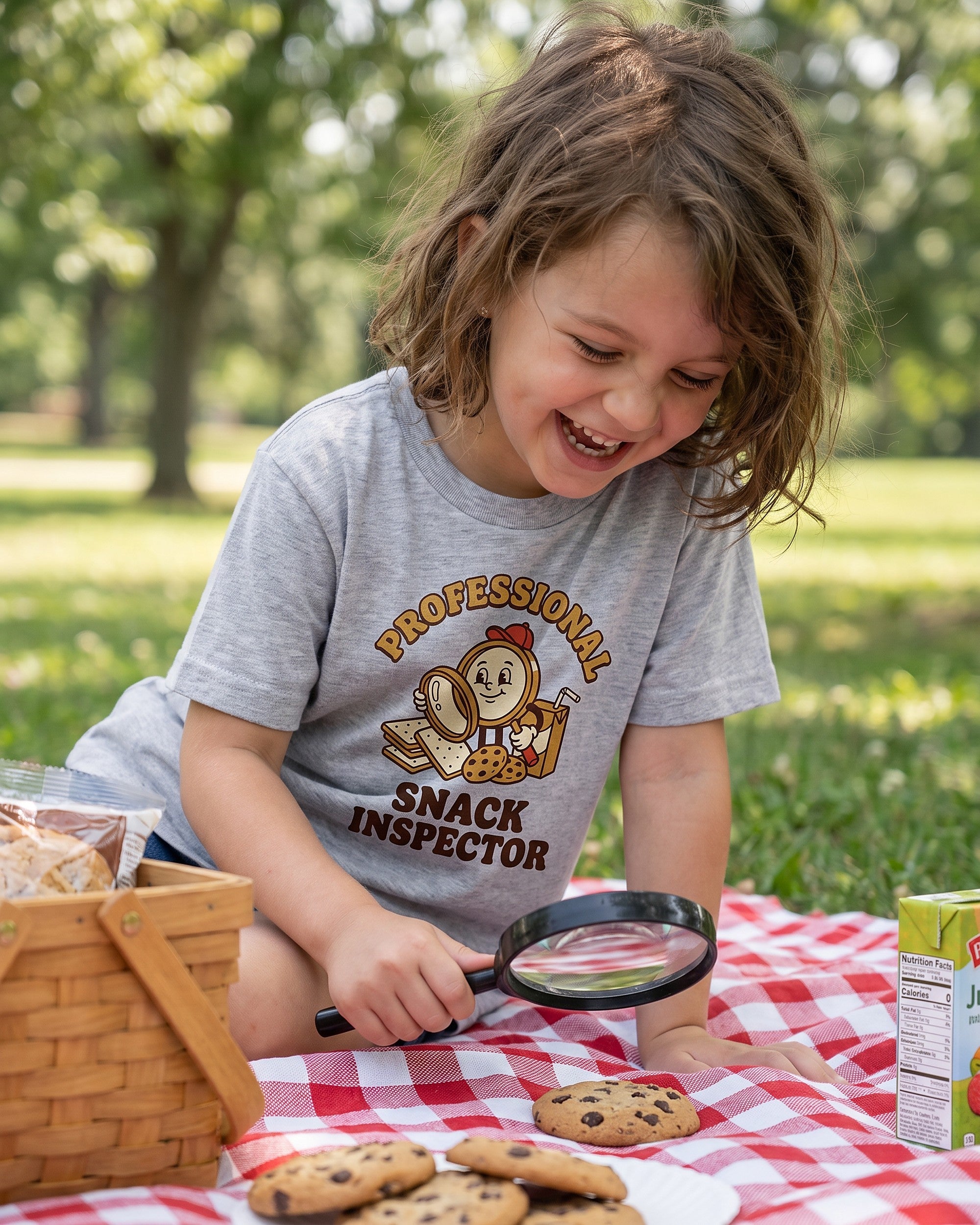 Professional Snack Inspector retro mascot design worn by a smiling child outdoors