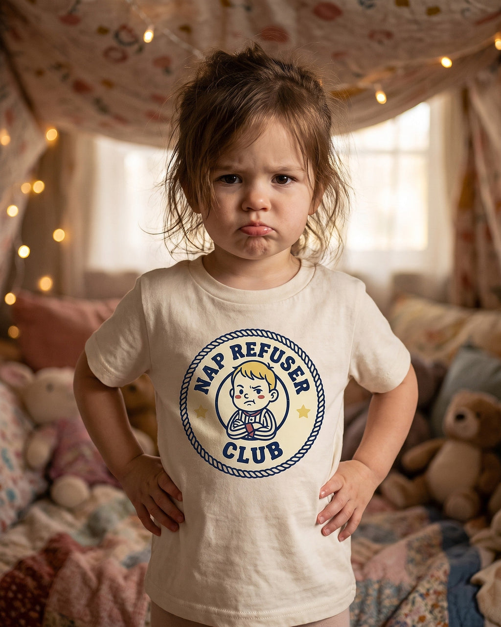 Nap Refuser Club badge design on a kids tee, child laughing in a playful scene