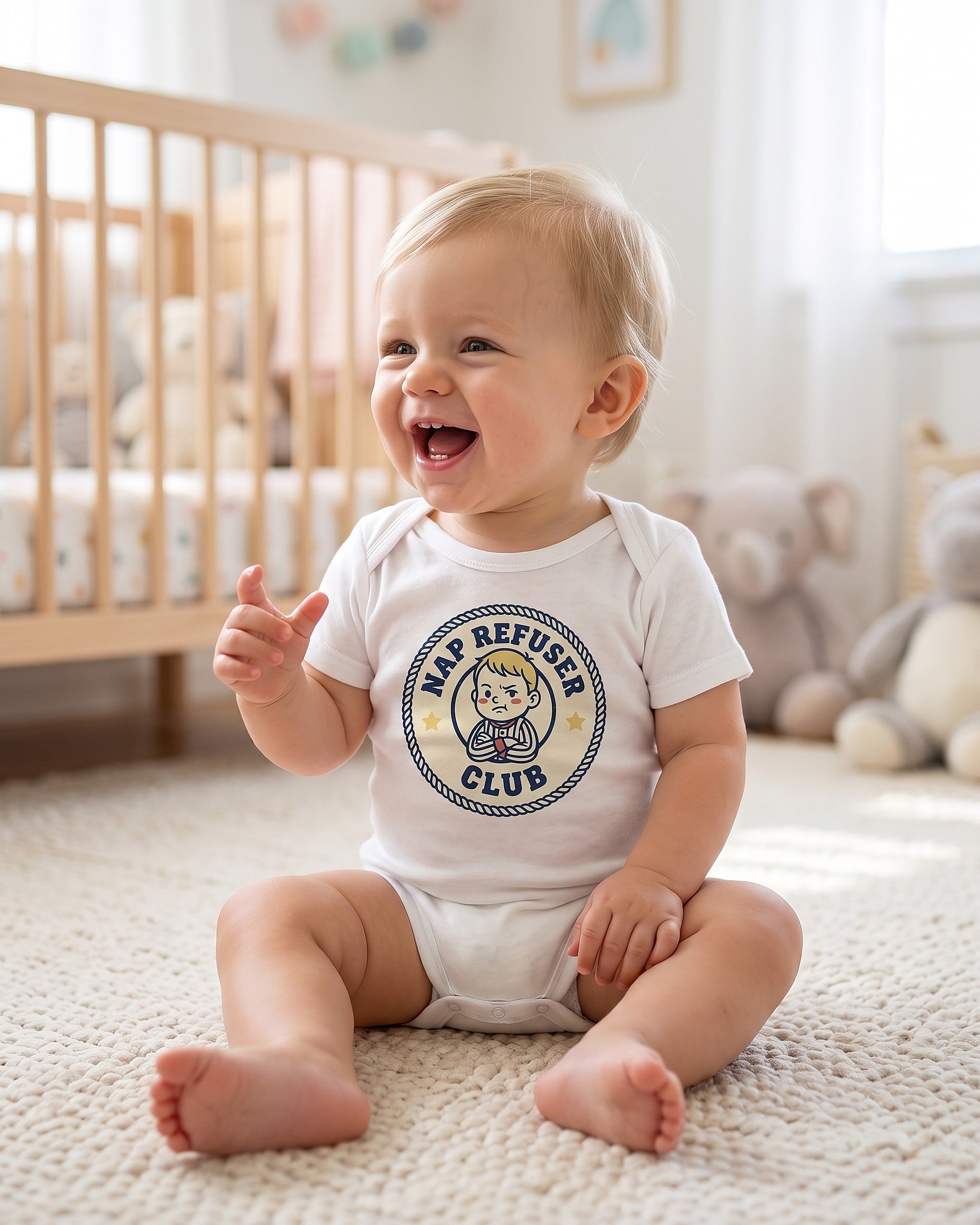Nap Refuser Club badge design worn by a smiling child outdoors