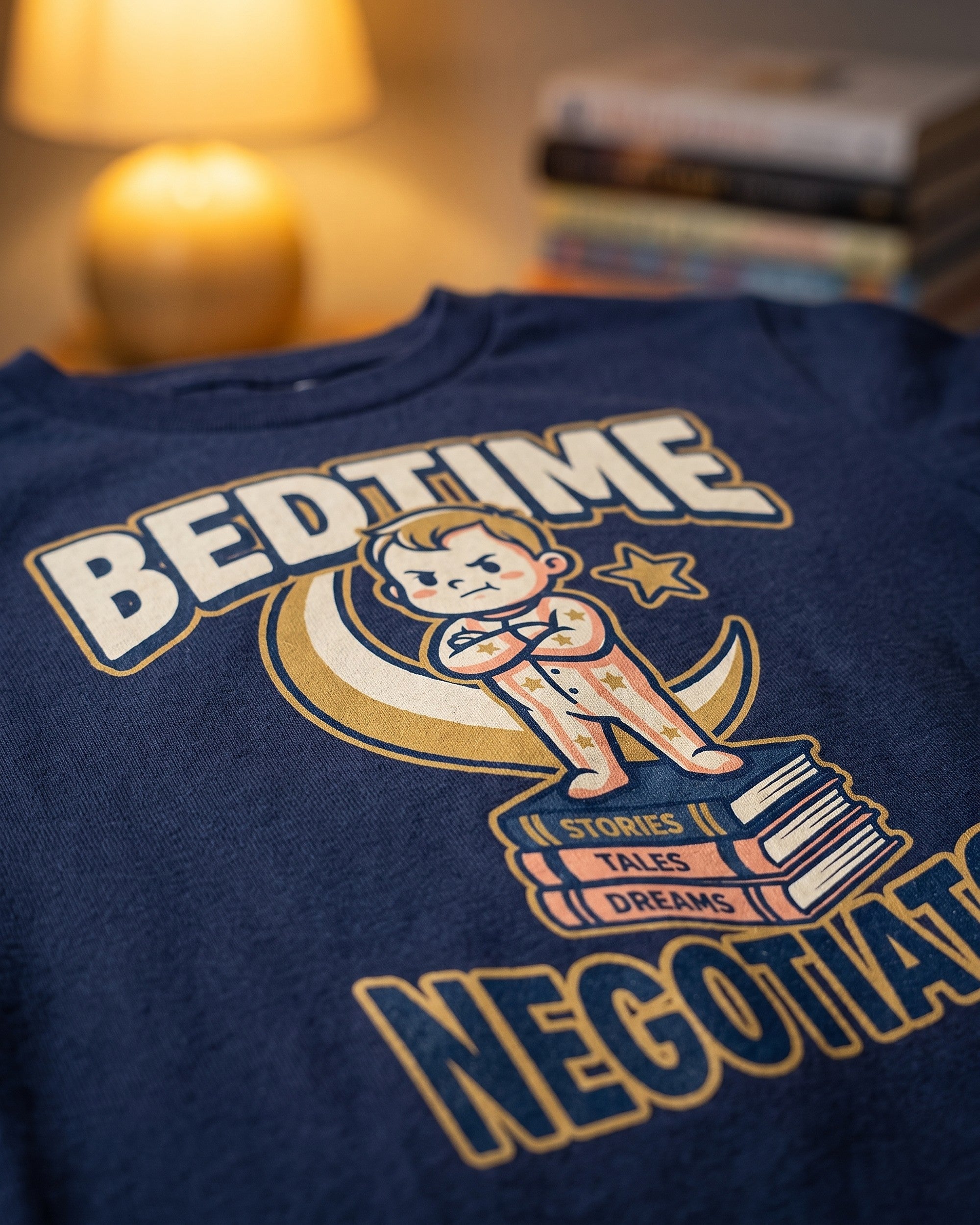Close up of the Bedtime Negotiator print showing soft matte ink on cotton weave
