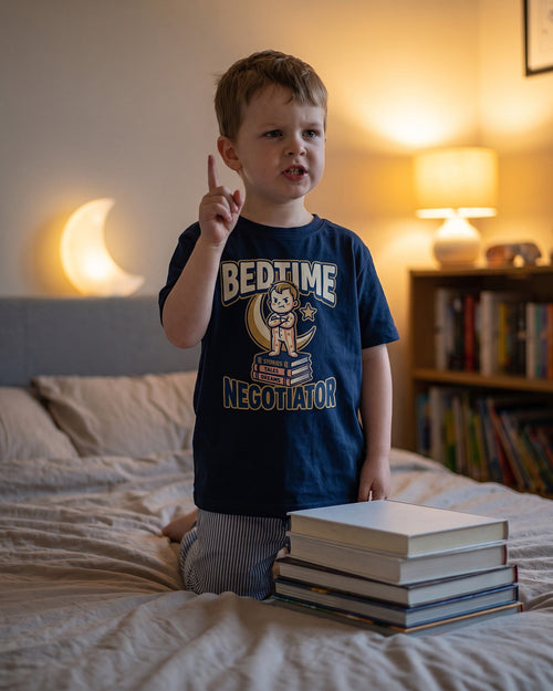 Bedtime Negotiator design on a kids tee, child laughing in a playful scene