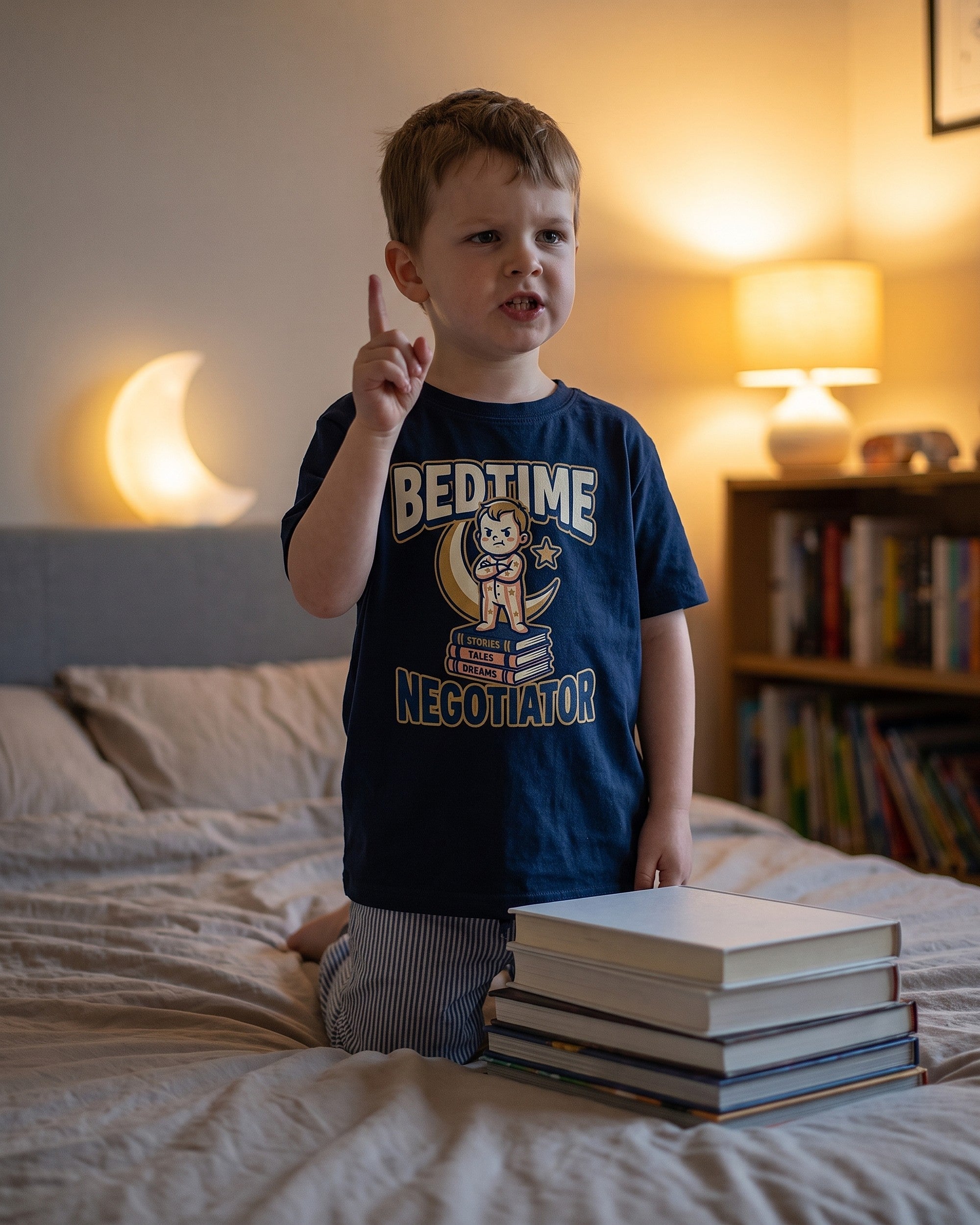 Bedtime Negotiator design on a kids tee, child laughing in a playful scene