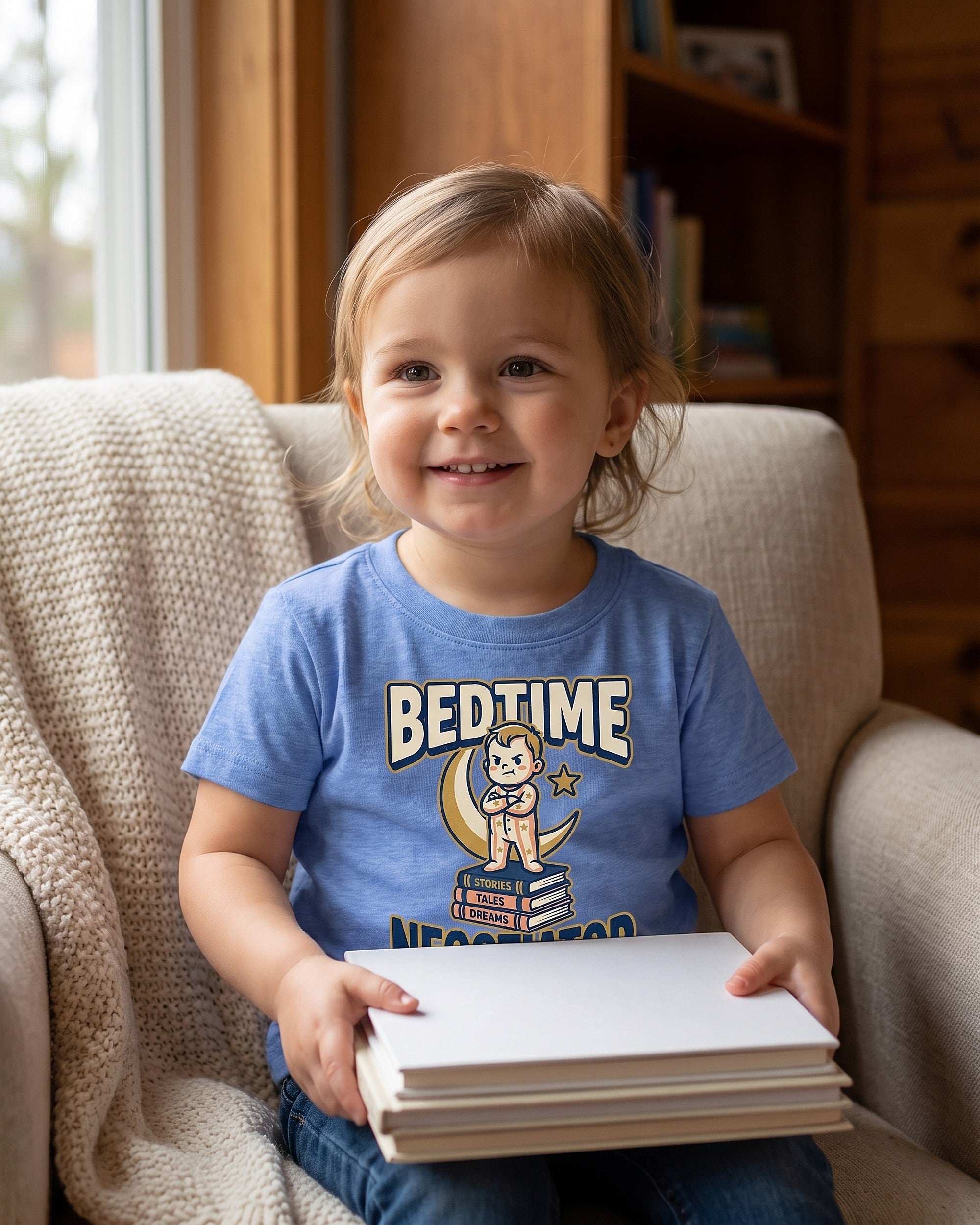 Bedtime Negotiator design worn by a smiling child outdoors