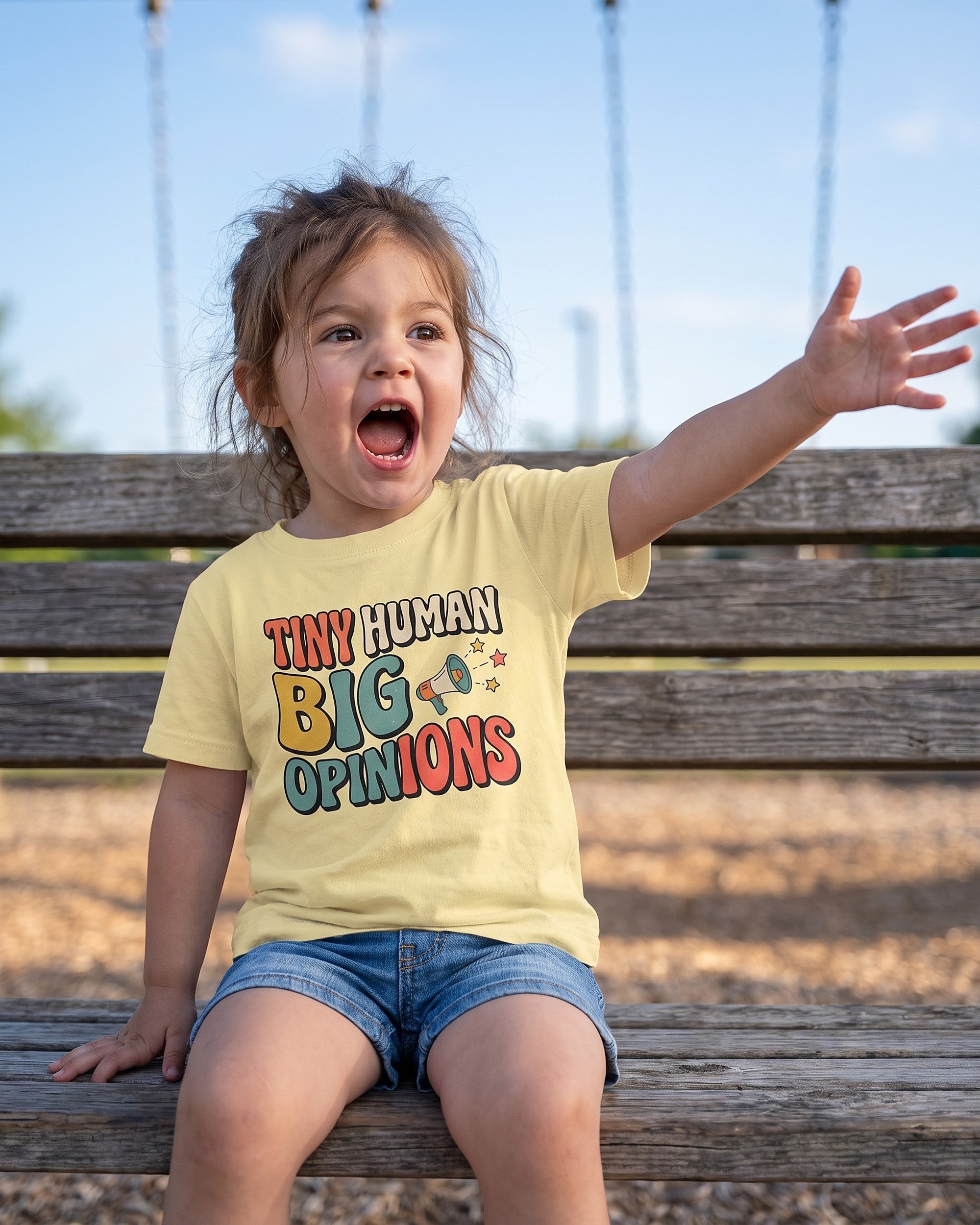 Tiny Human Big Opinions design on a kids tee, child laughing in a playful scene