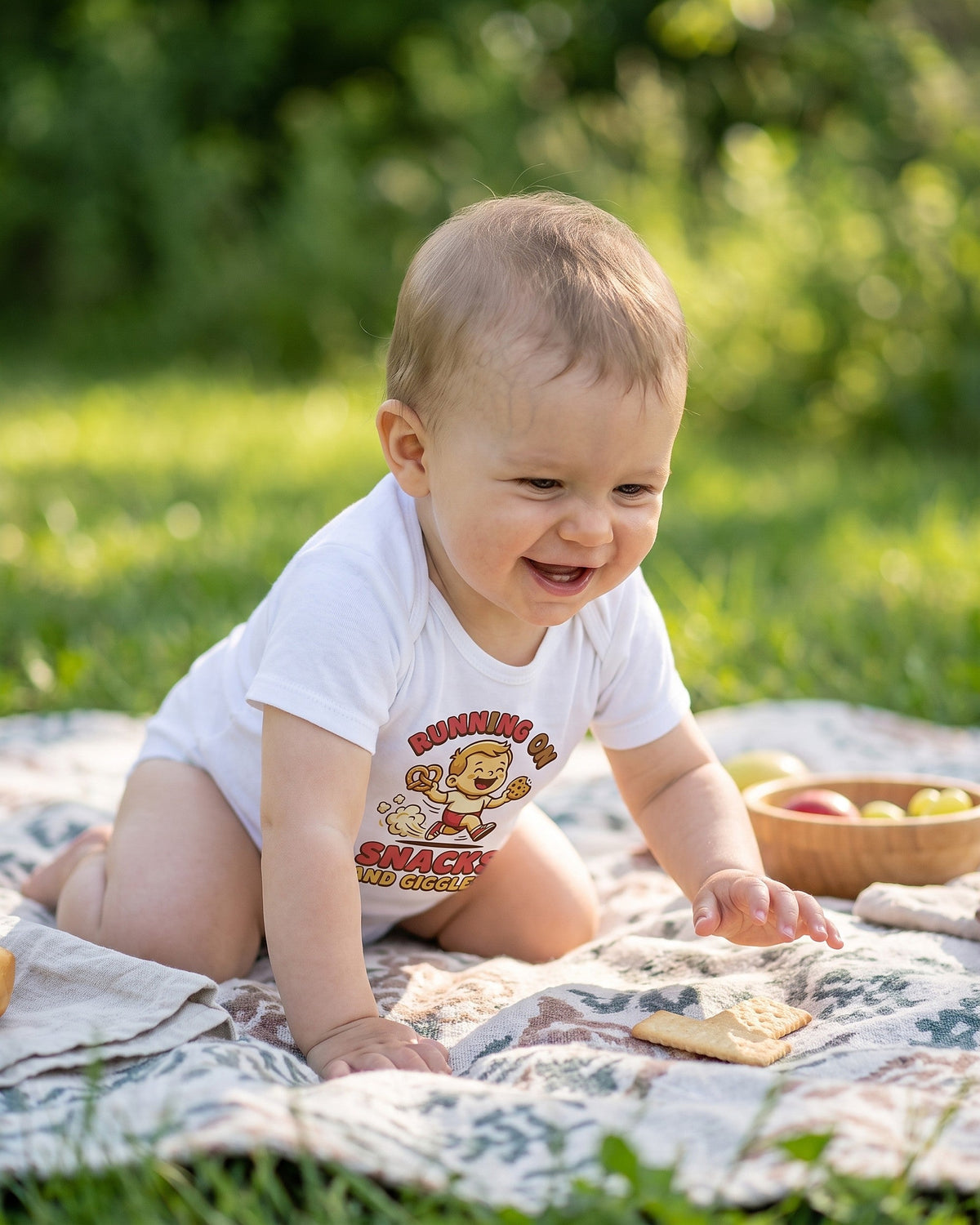 Running on Snacks and Giggles design on a white baby bodysuit worn by a happy baby