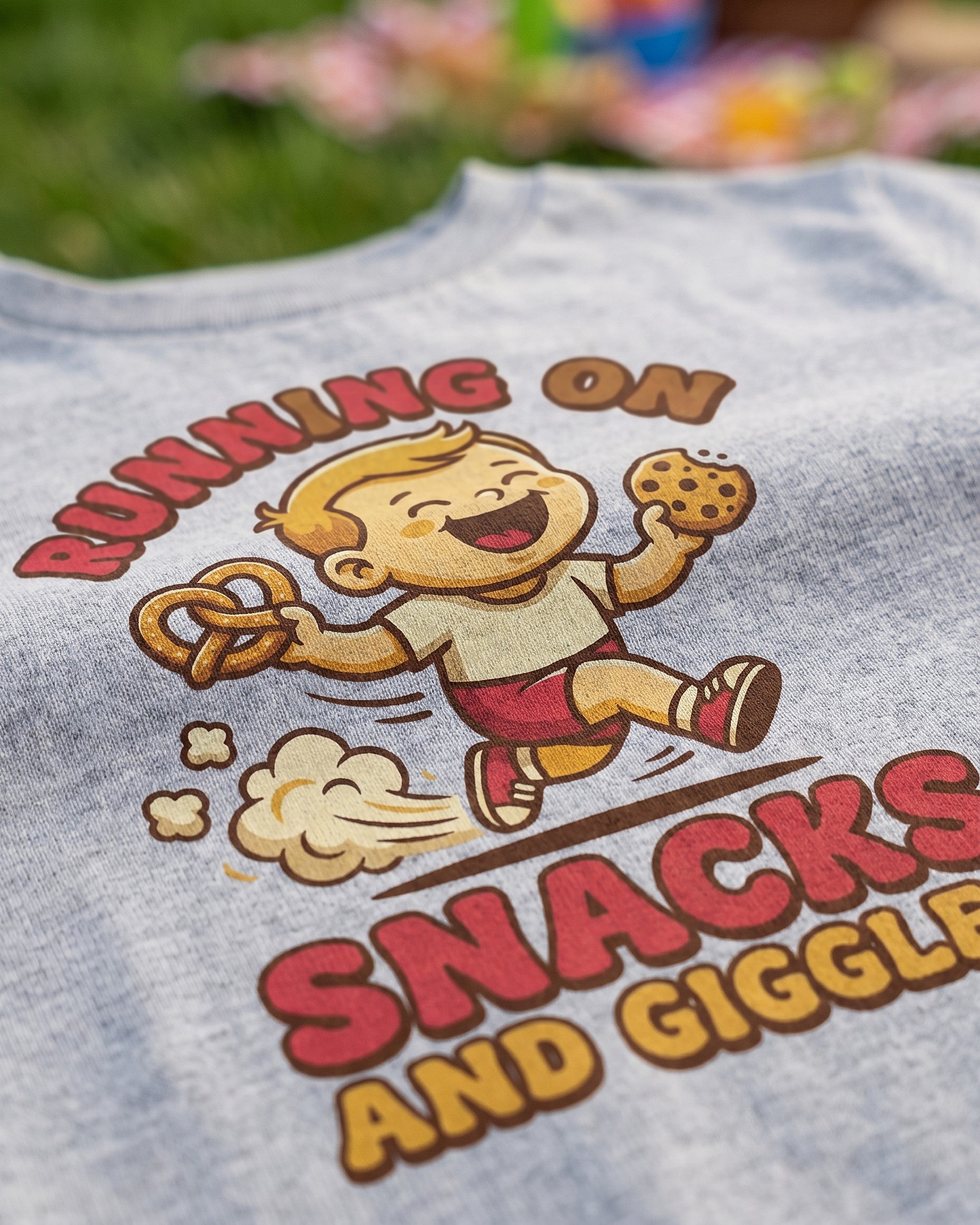 Close up of the Running on Snacks and Giggles print showing soft matte ink on cotton weave