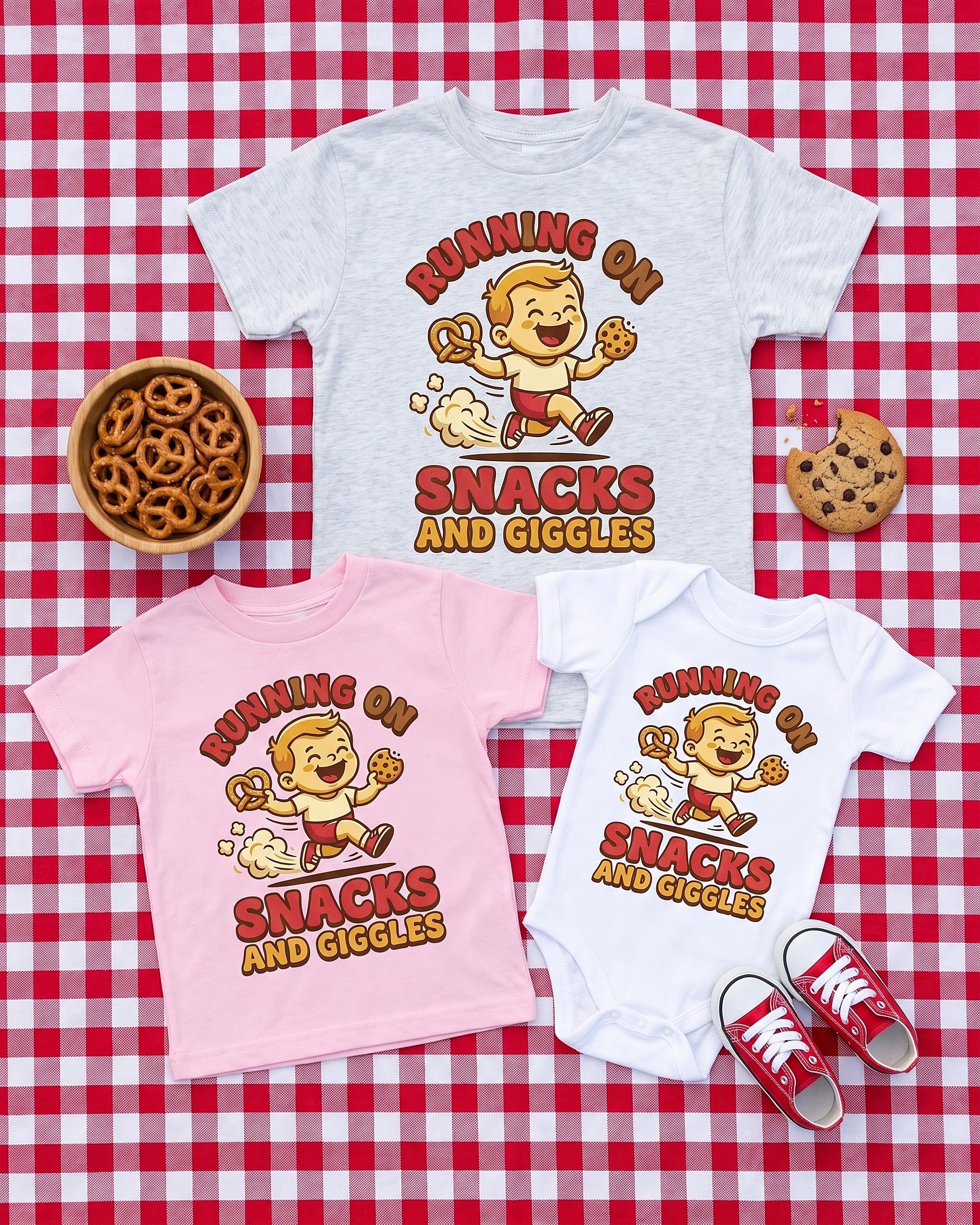 Flat lay of the Running on Snacks and Giggles design across matching kids garments with playful props