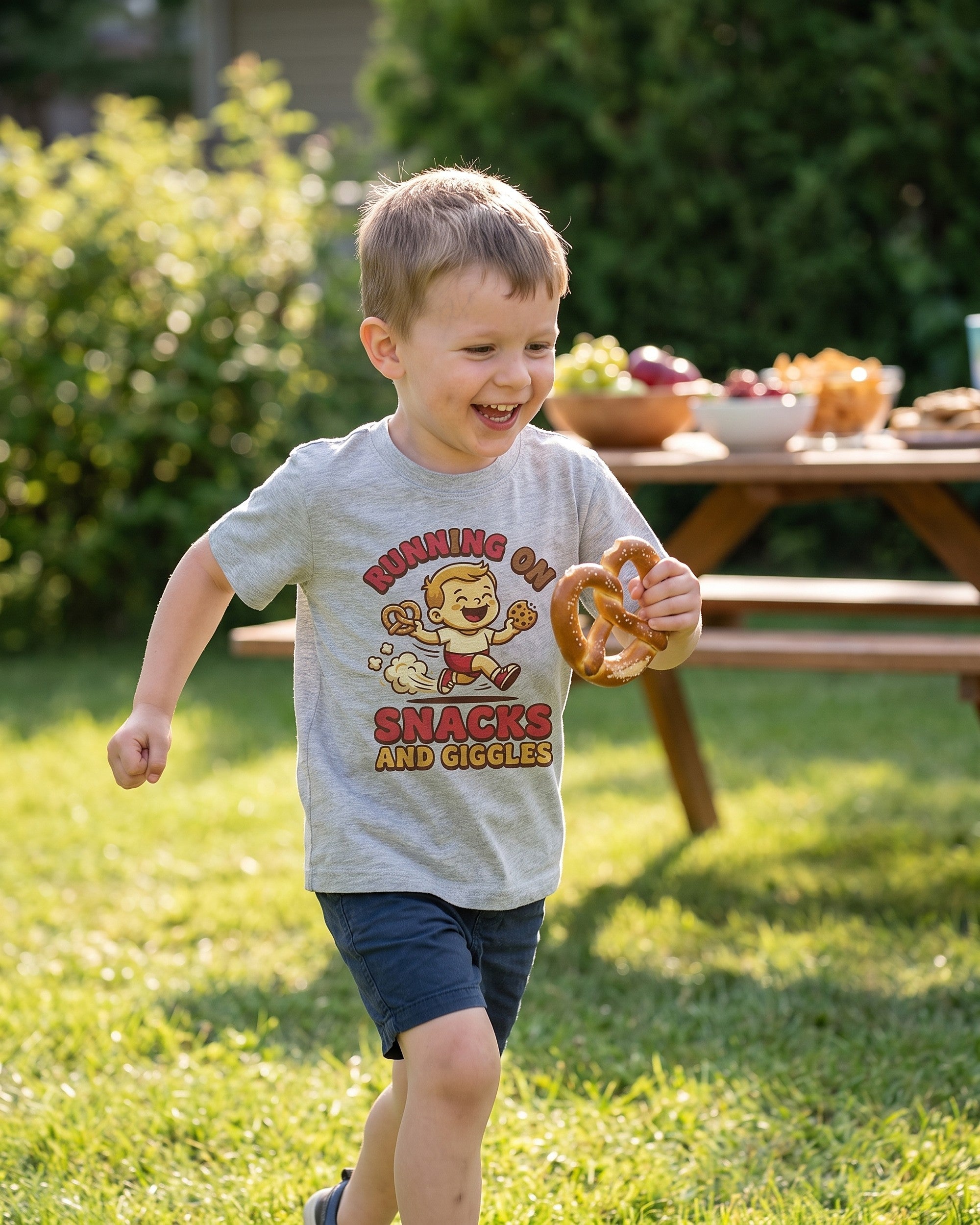 Running on Snacks and Giggles design on a kids tee, child laughing in a playful scene