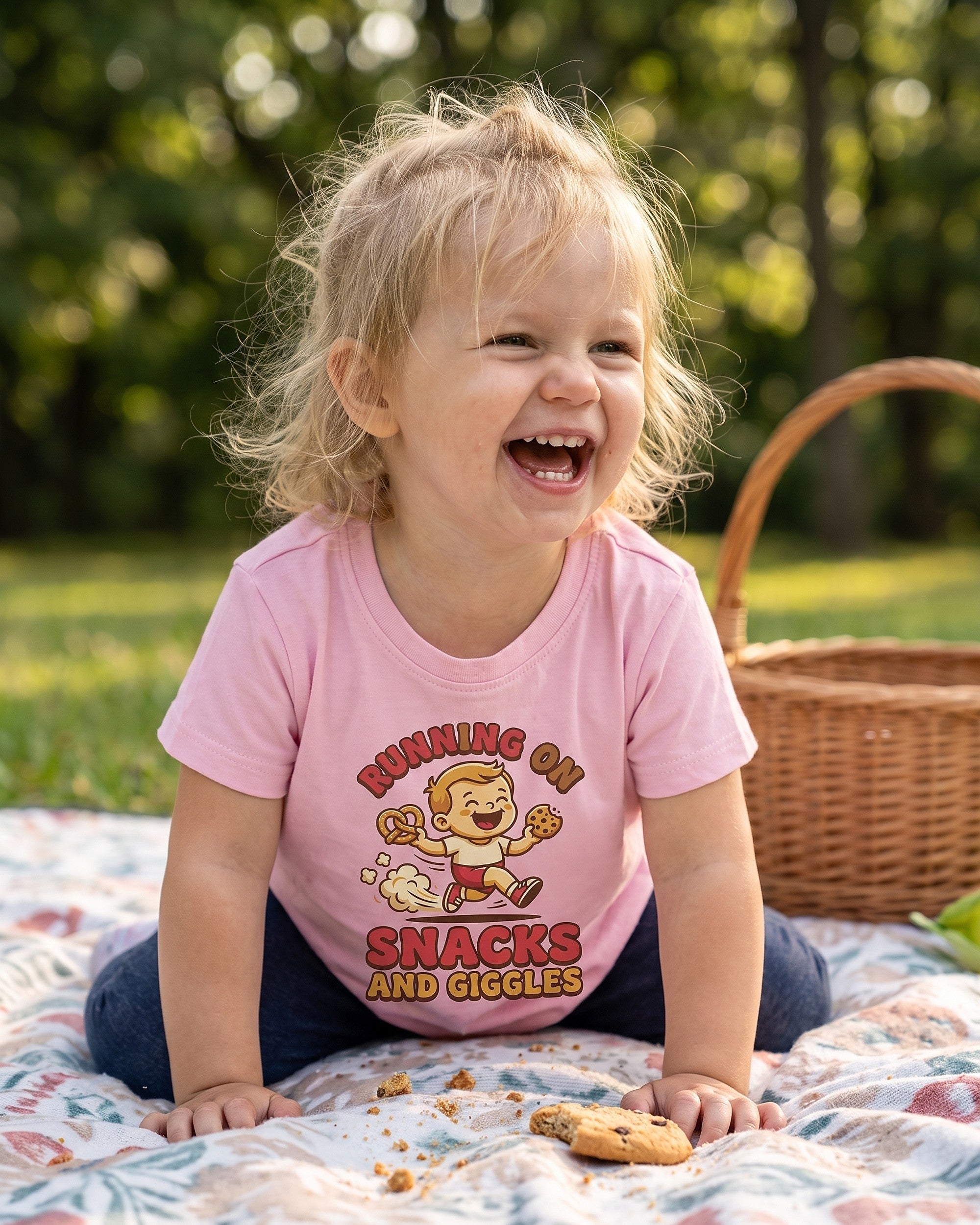 Running on Snacks and Giggles design worn by a smiling child outdoors