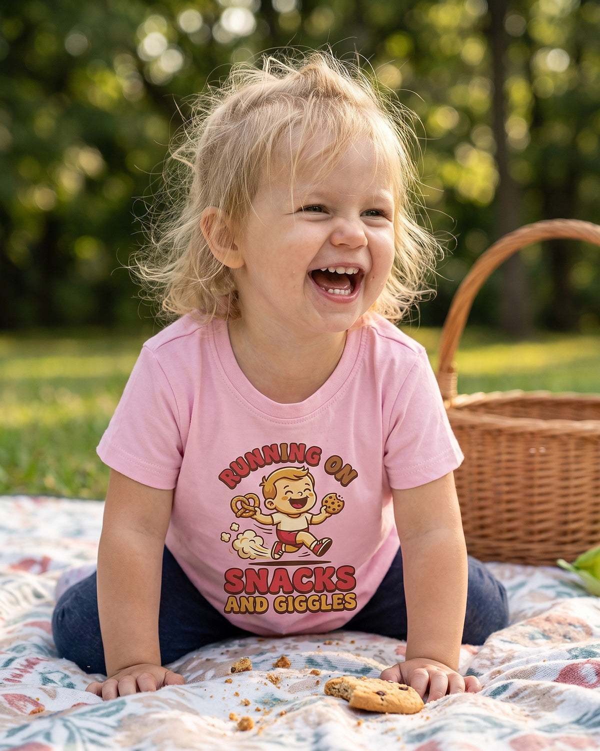 Running on Snacks and Giggles design worn by a smiling child outdoors