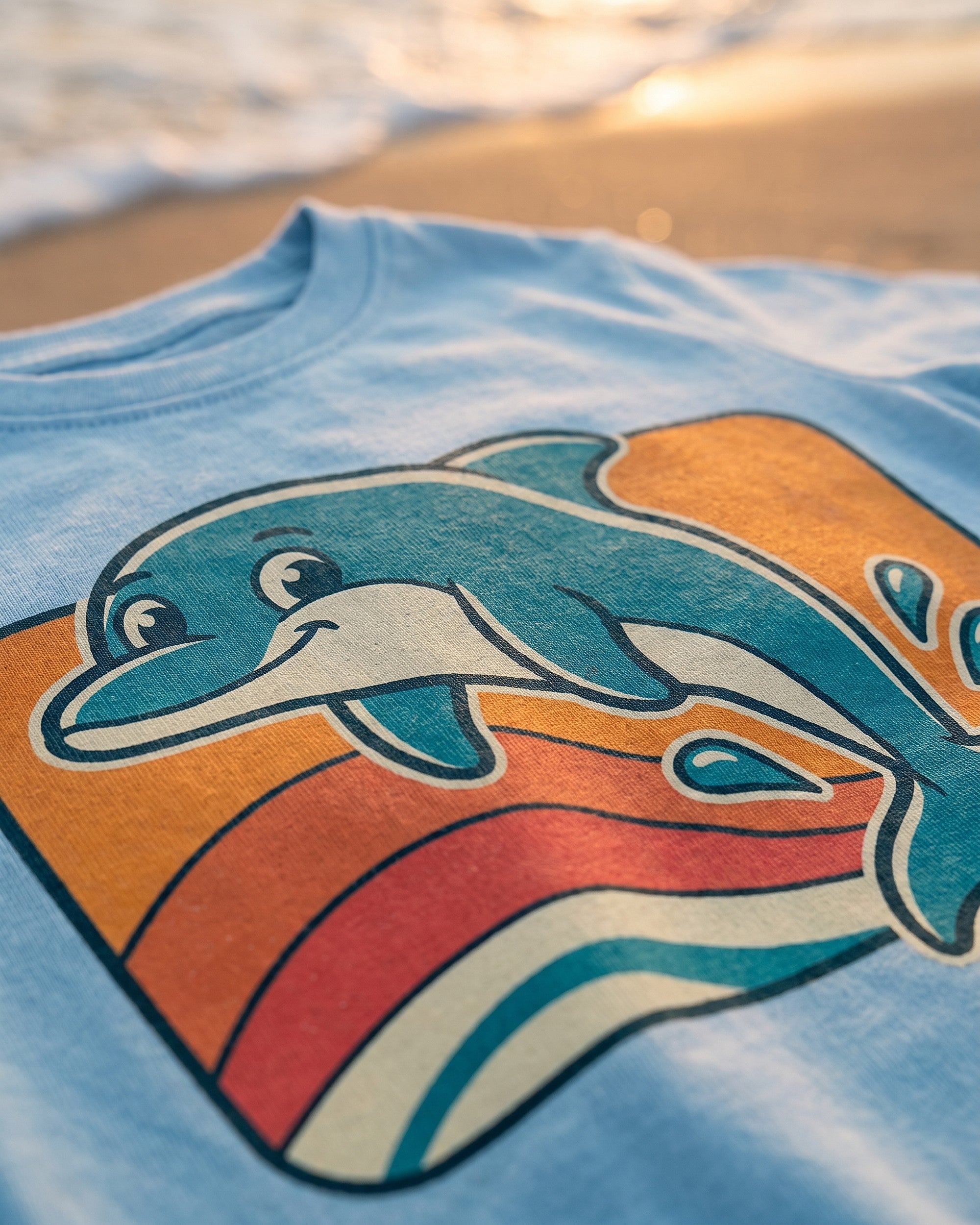 Close up of the retro dolphin sunset print showing soft matte ink on cotton weave
