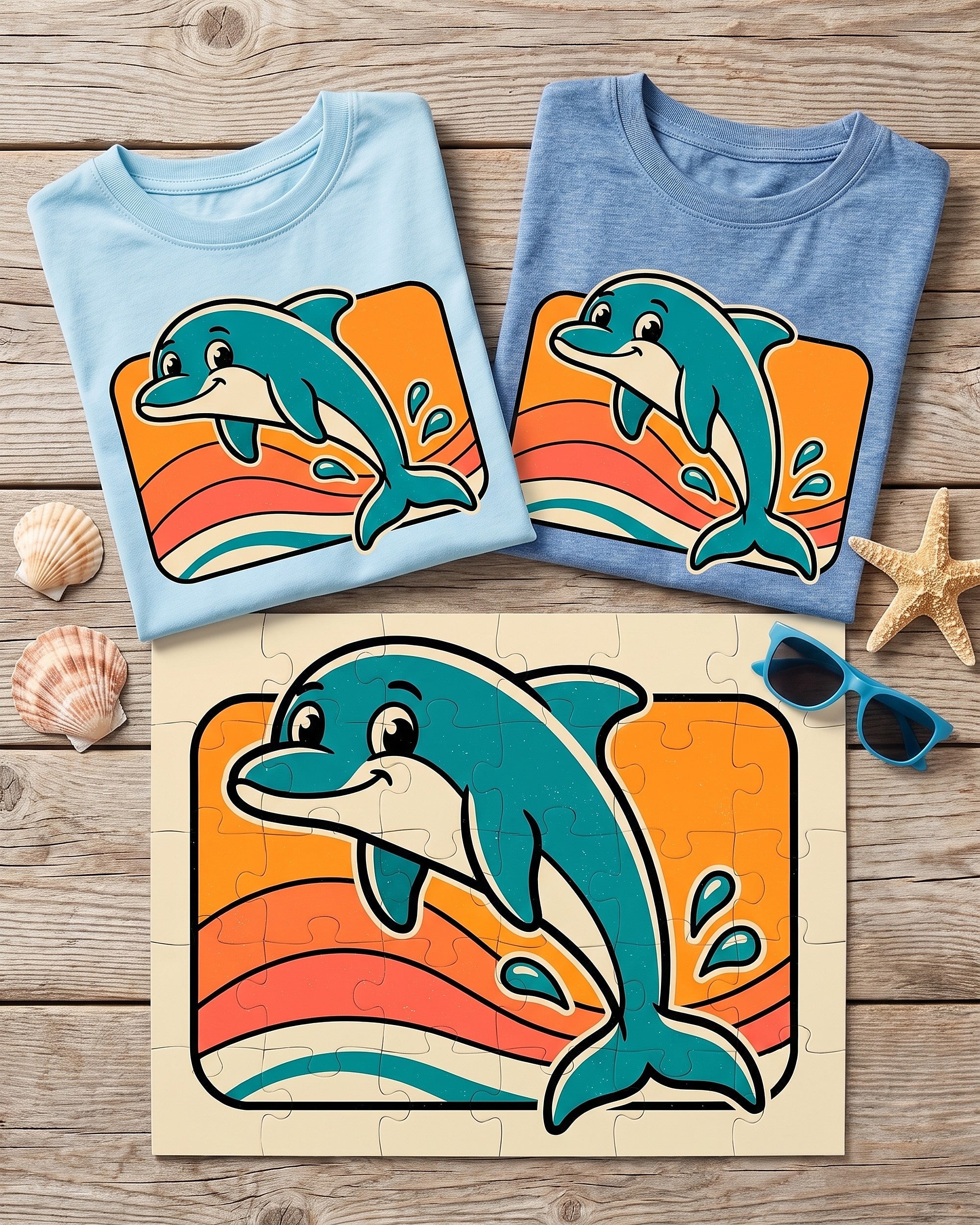 Flat lay of the retro dolphin sunset design across matching kids garments with playful props