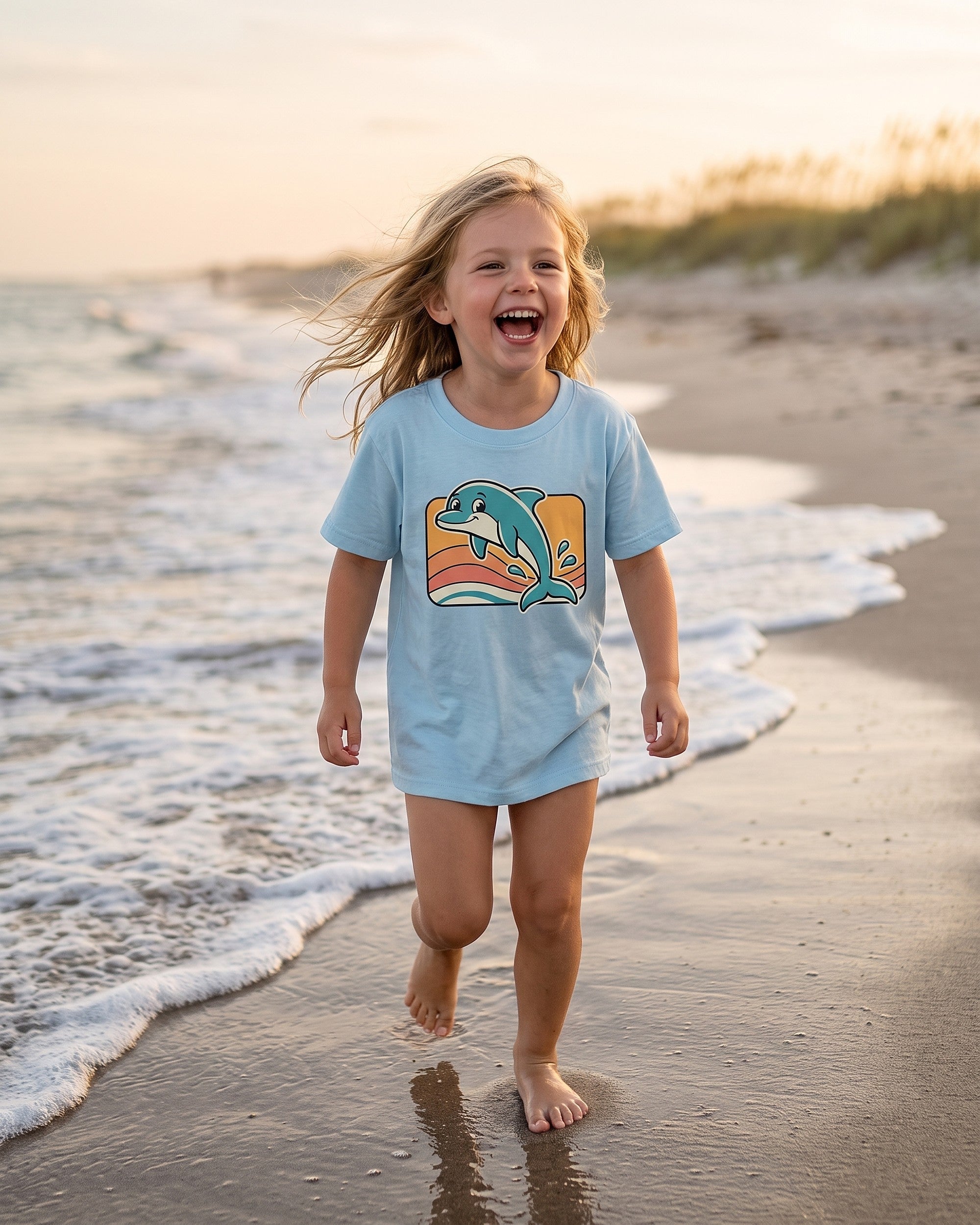 retro dolphin sunset design on a kids tee, child laughing in a playful scene