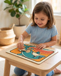 Child completing the retro dolphin sunset 30 piece kids puzzle at a play table