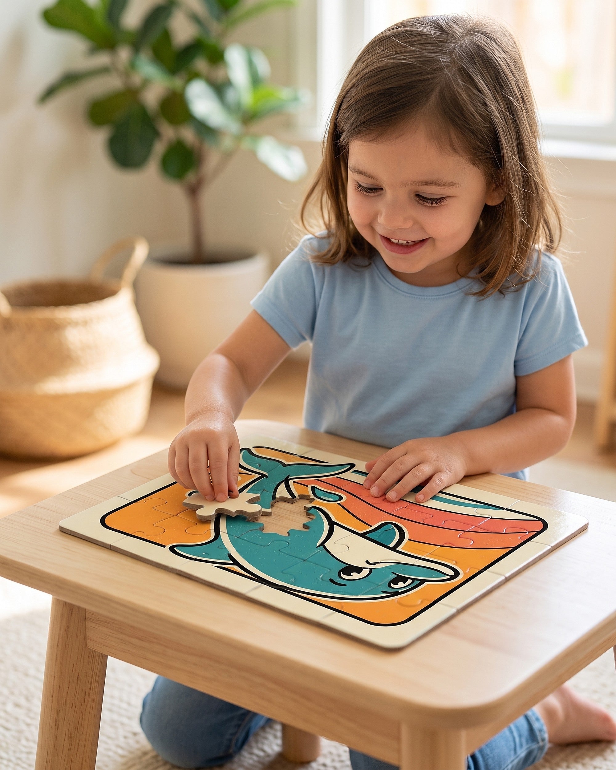 Child completing the retro dolphin sunset 30 piece kids puzzle at a play table