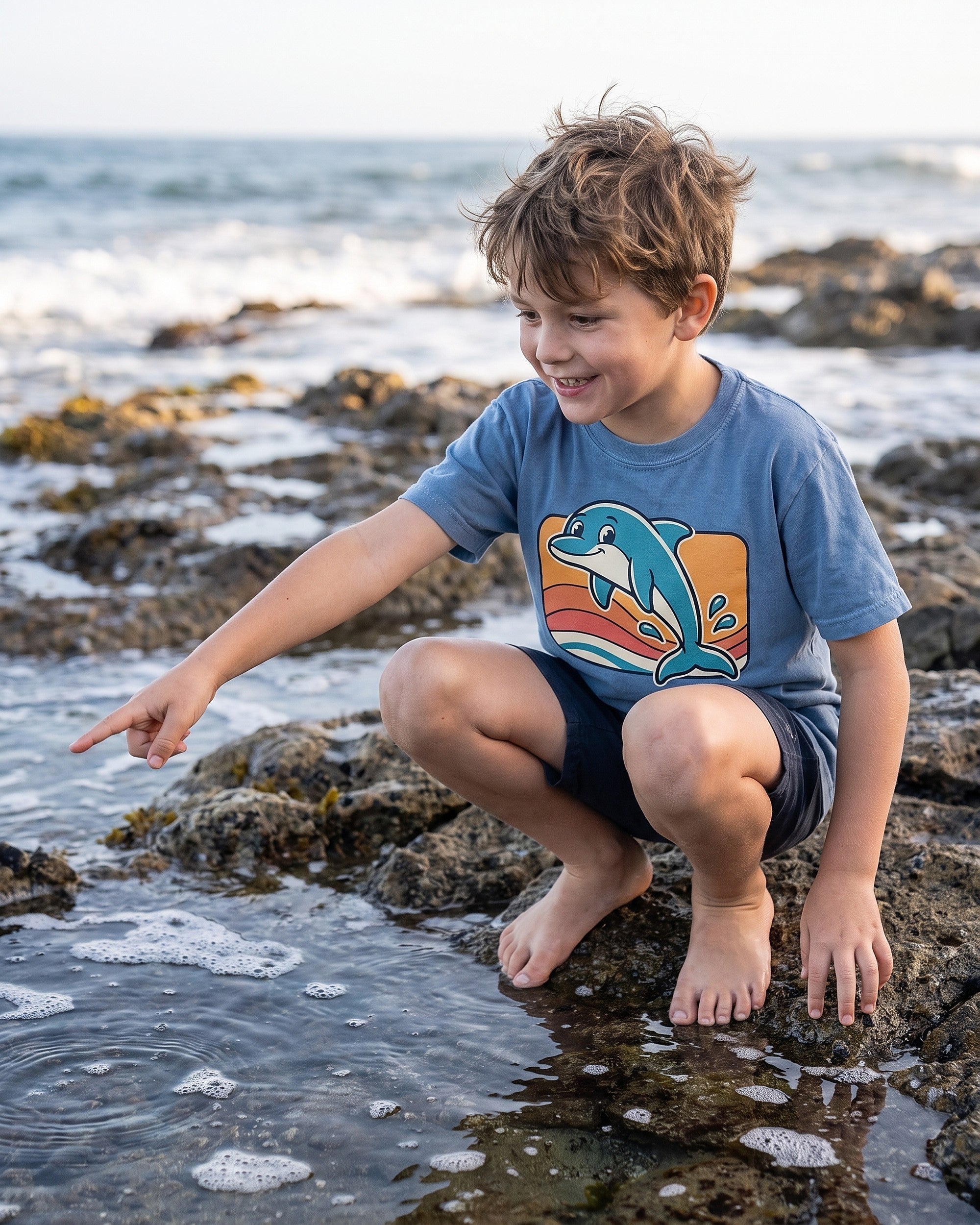retro dolphin sunset design worn by a smiling child outdoors