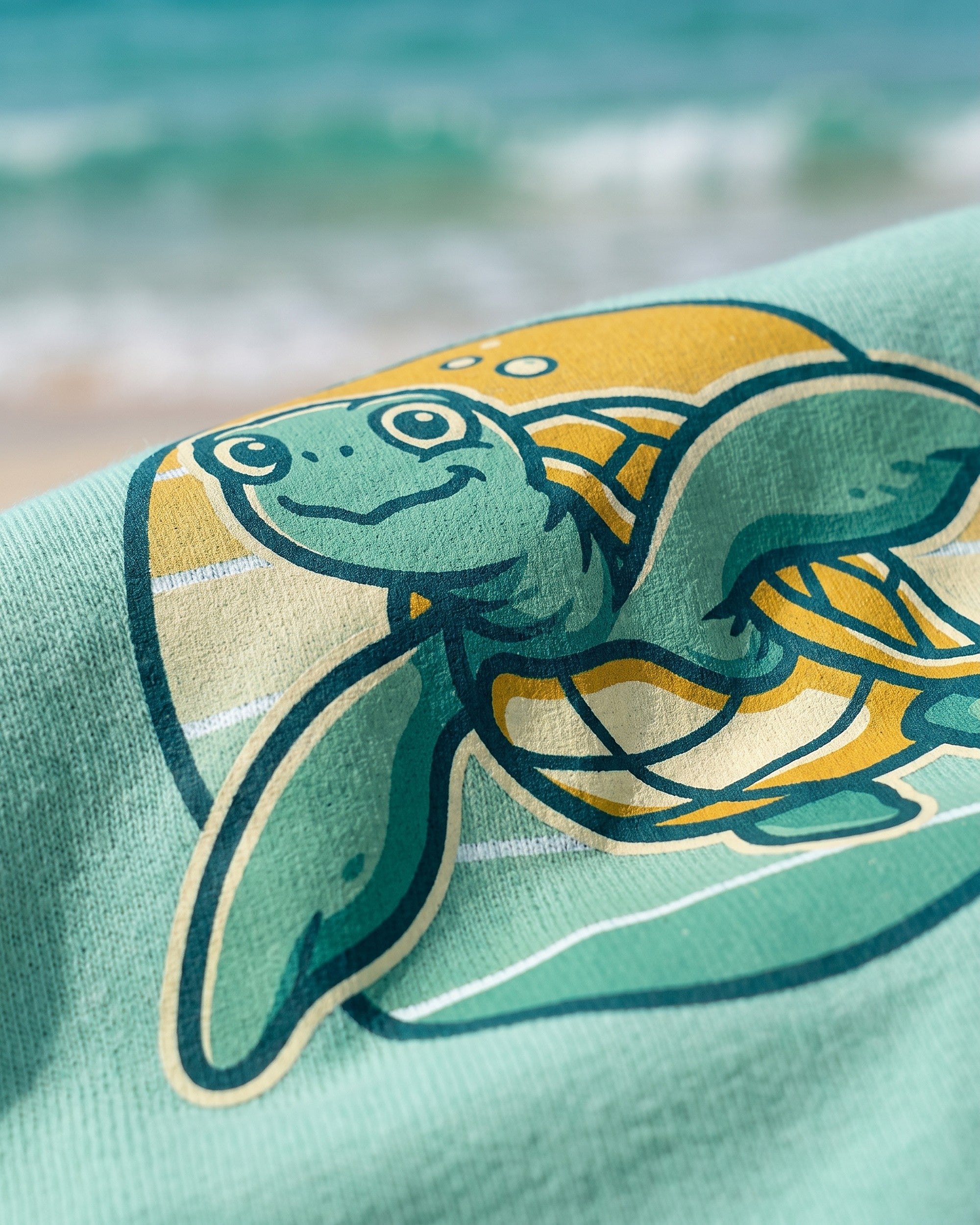 Close up of the sea turtle sunset badge print showing soft matte ink on cotton weave