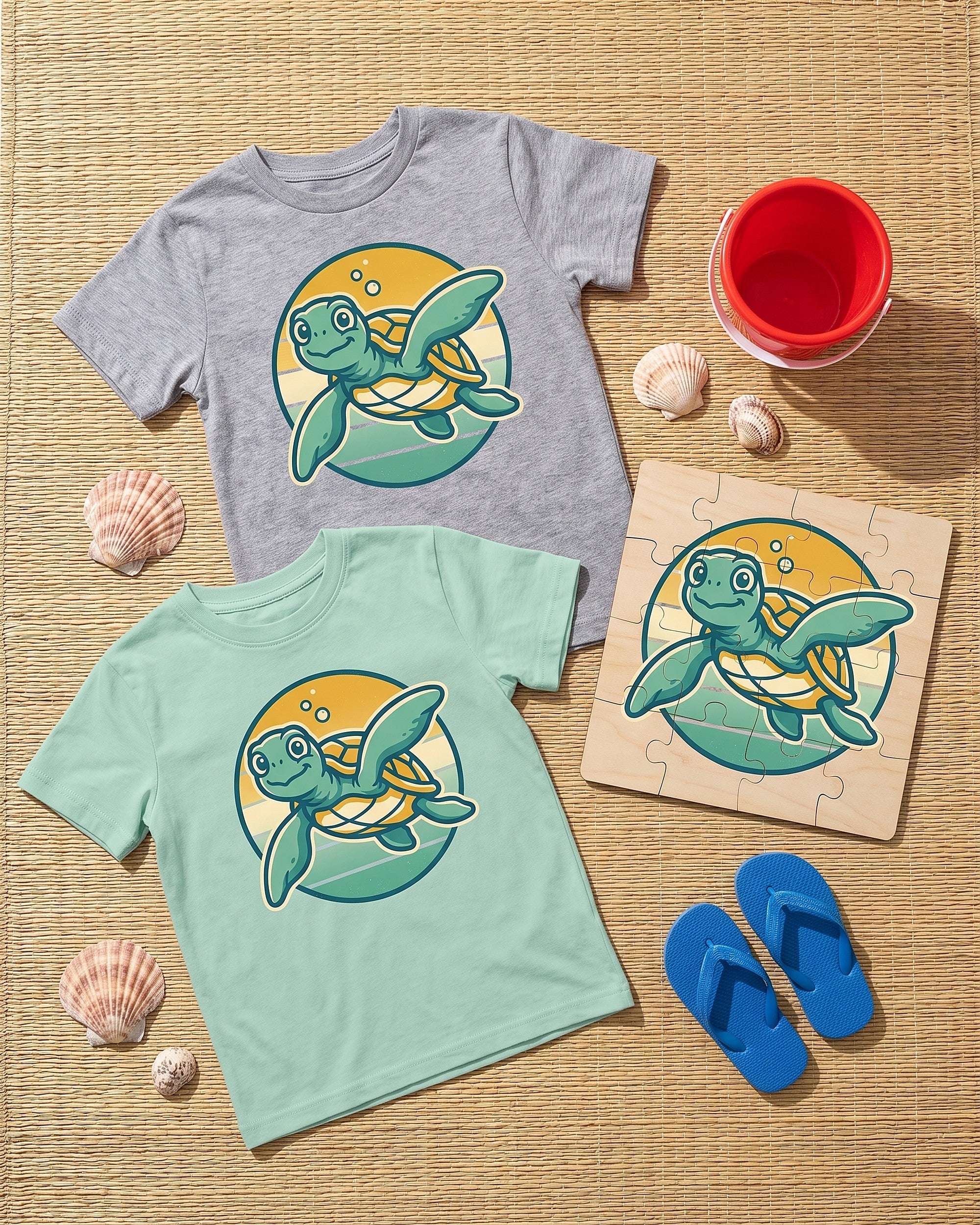 Flat lay of the sea turtle sunset badge design across matching kids garments with playful props