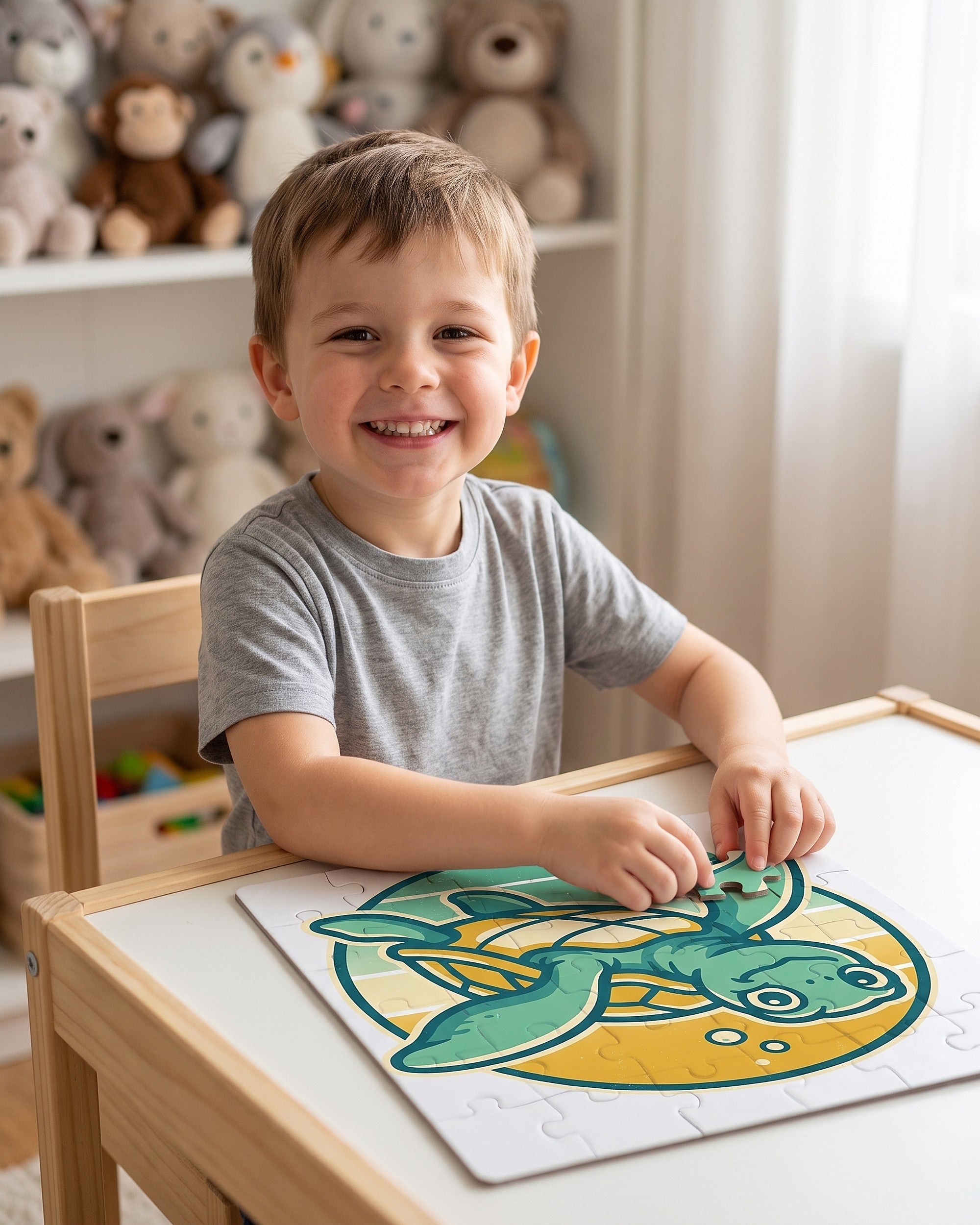 Child completing the sea turtle sunset badge 30 piece kids puzzle at a play table
