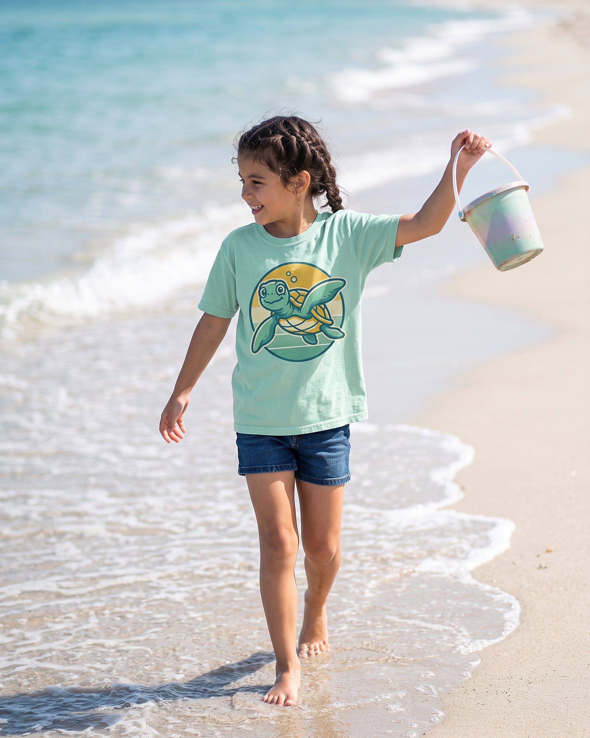 sea turtle sunset badge design worn by a smiling child outdoors