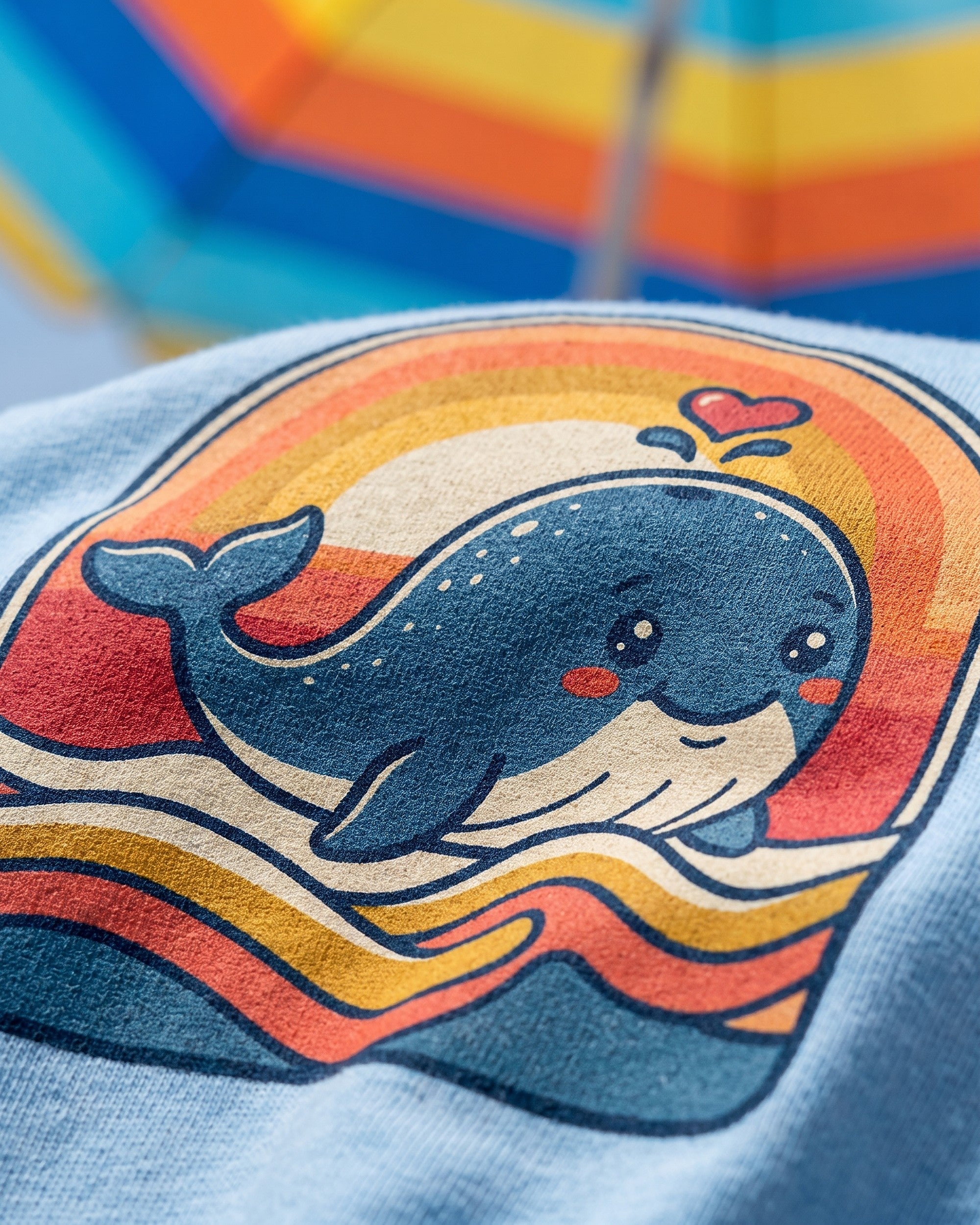 Close up of the whale heart splash print showing soft matte ink on cotton weave