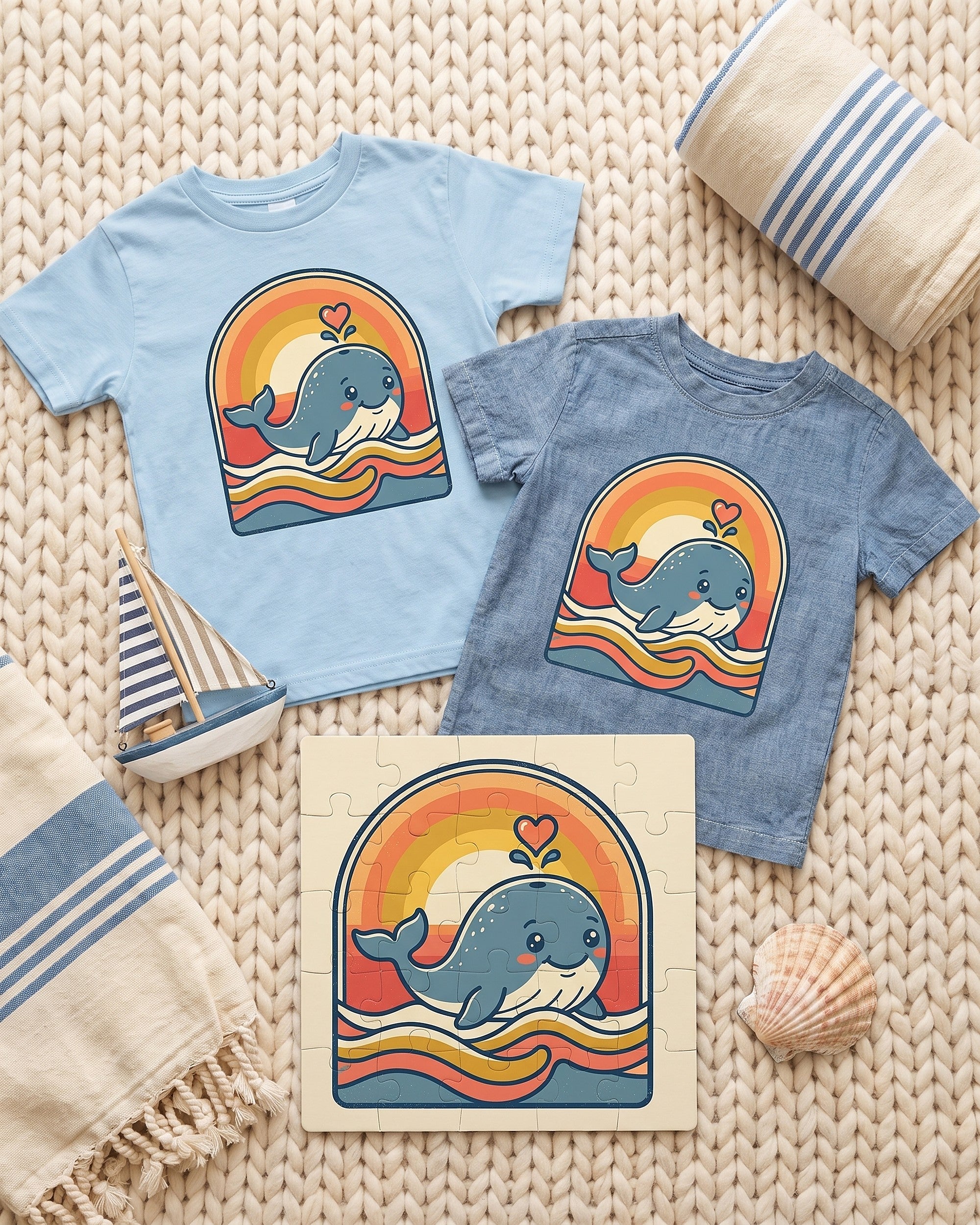 Flat lay of the whale heart splash design across matching kids garments with playful props