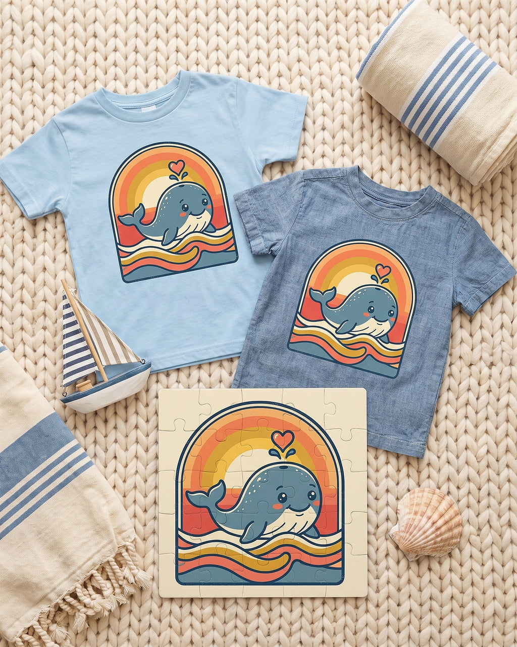 Flat lay of the whale heart splash design across matching kids garments with playful props