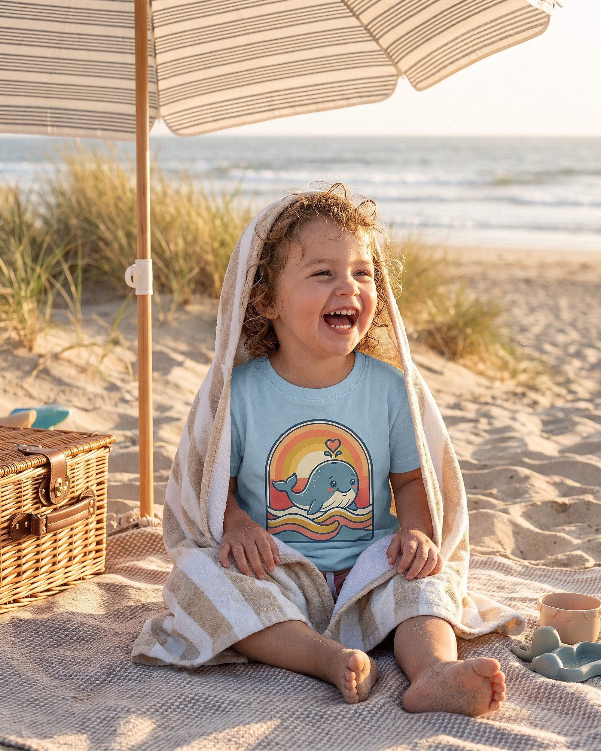 whale heart splash design on a kids tee, child laughing in a playful scene