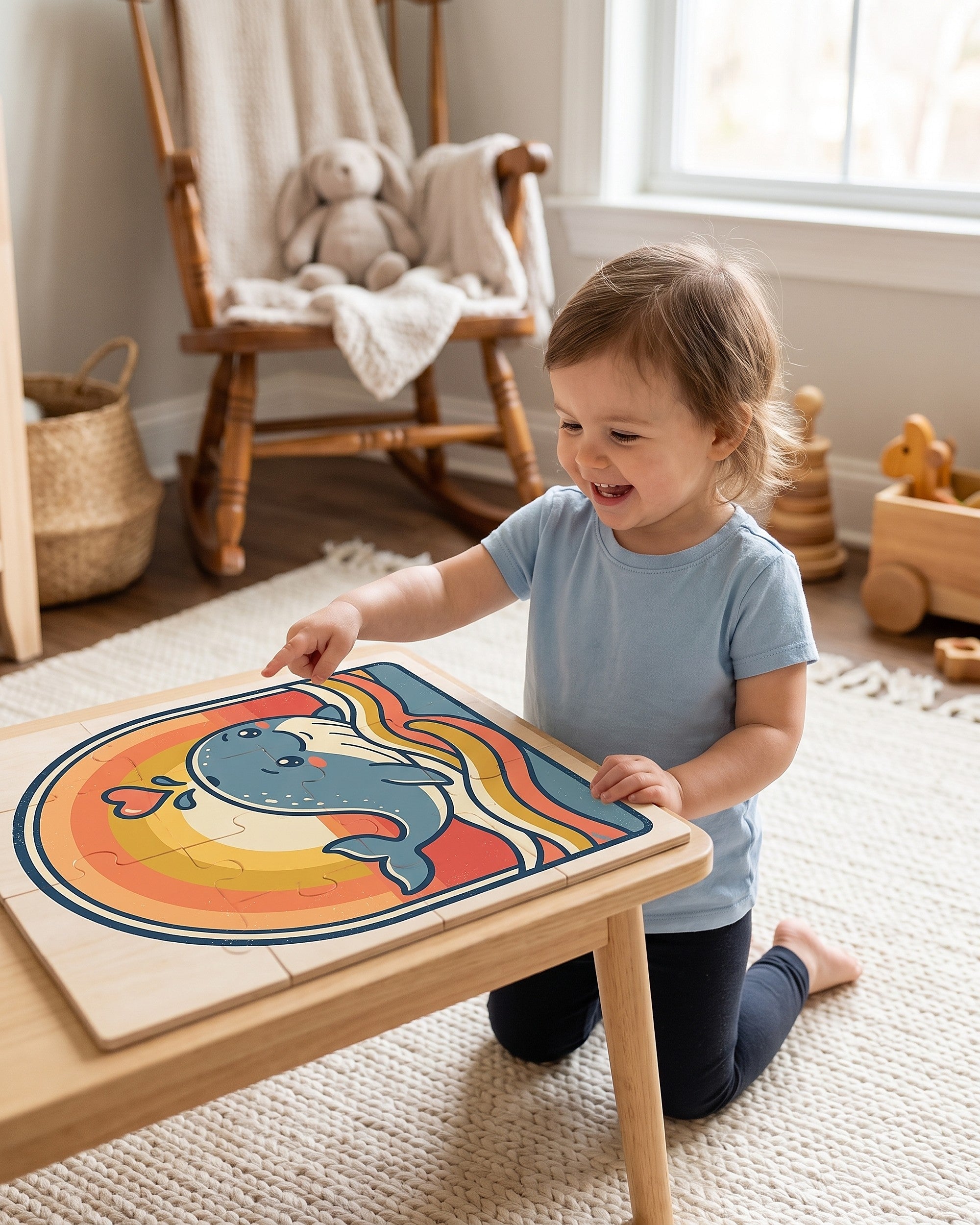 Child completing the whale heart splash 30 piece kids puzzle at a play table
