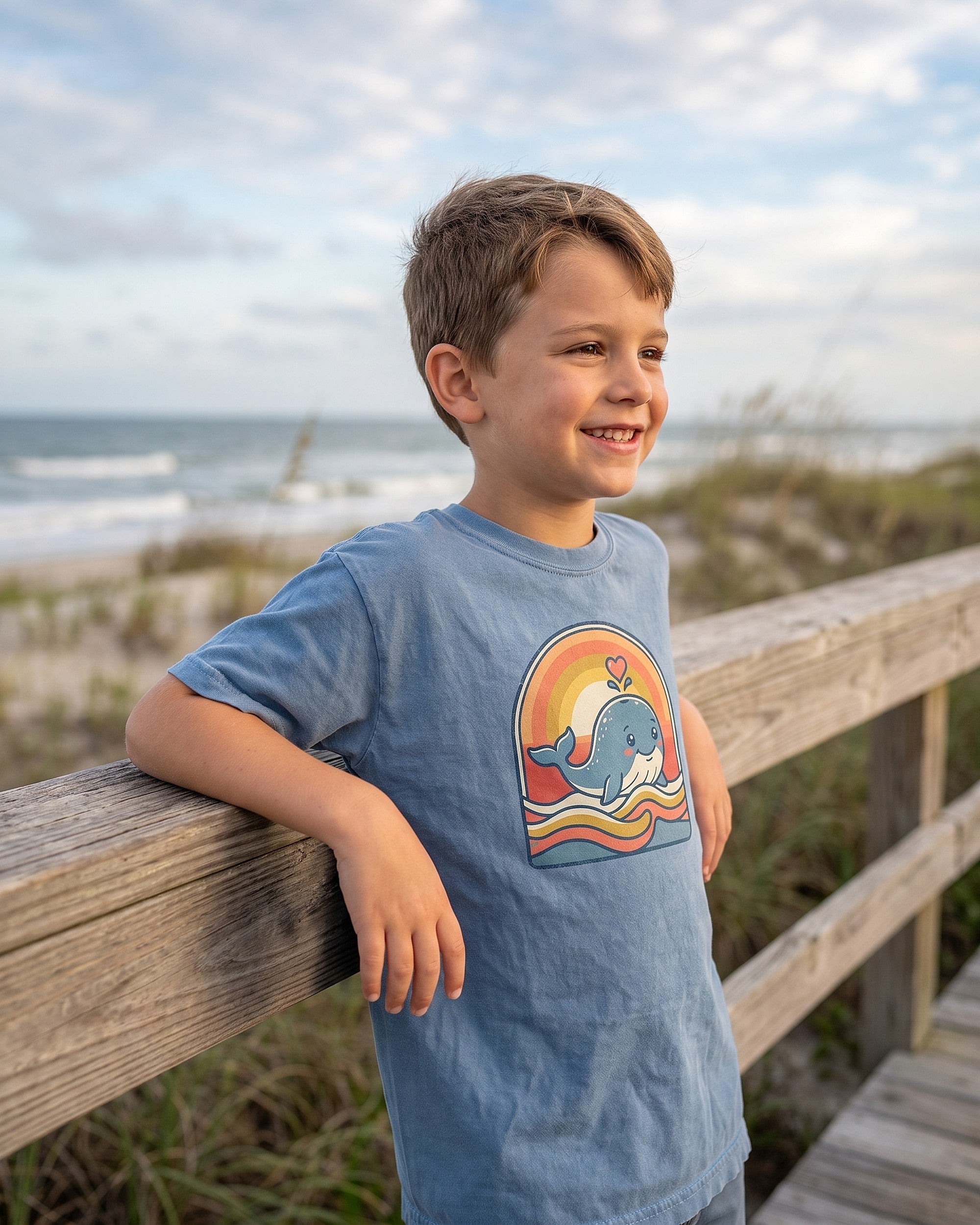 whale heart splash design worn by a smiling child outdoors