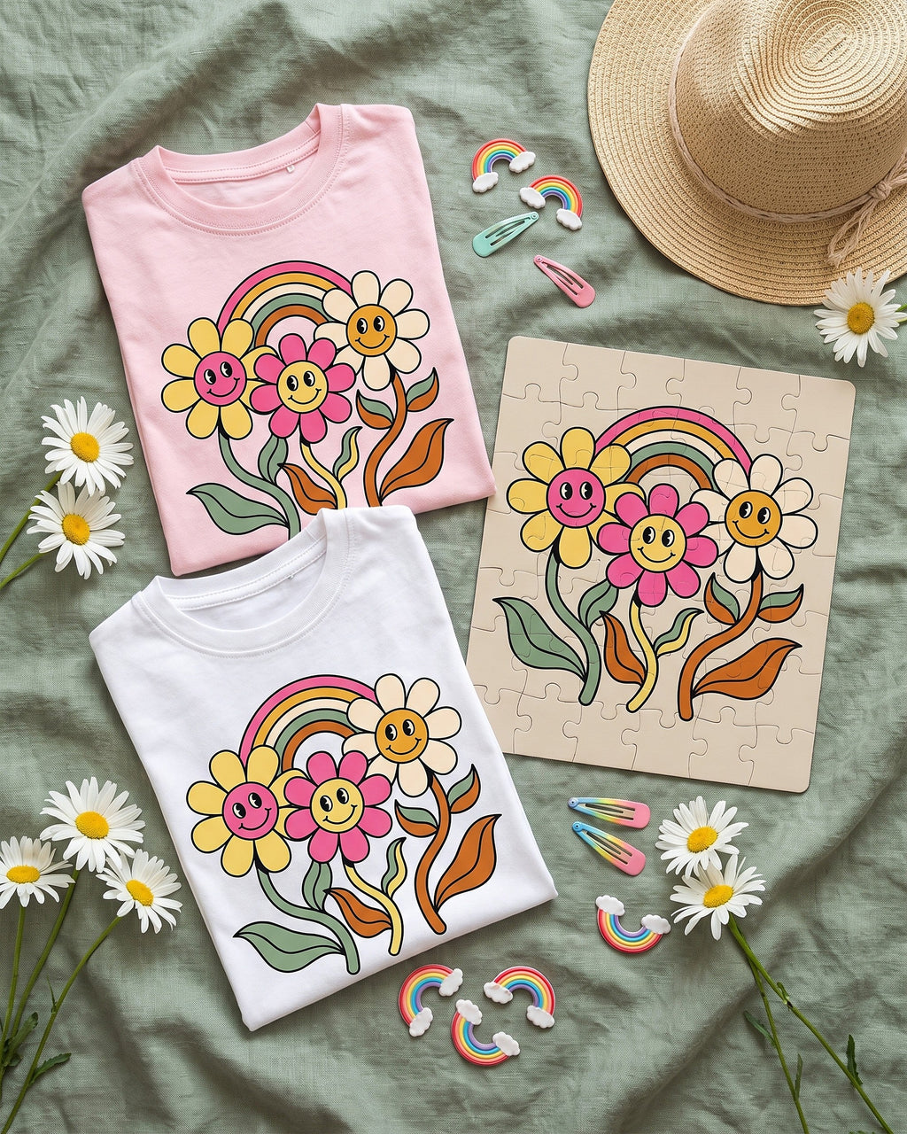 Flat lay of the groovy daisies rainbow design across matching kids garments with playful props