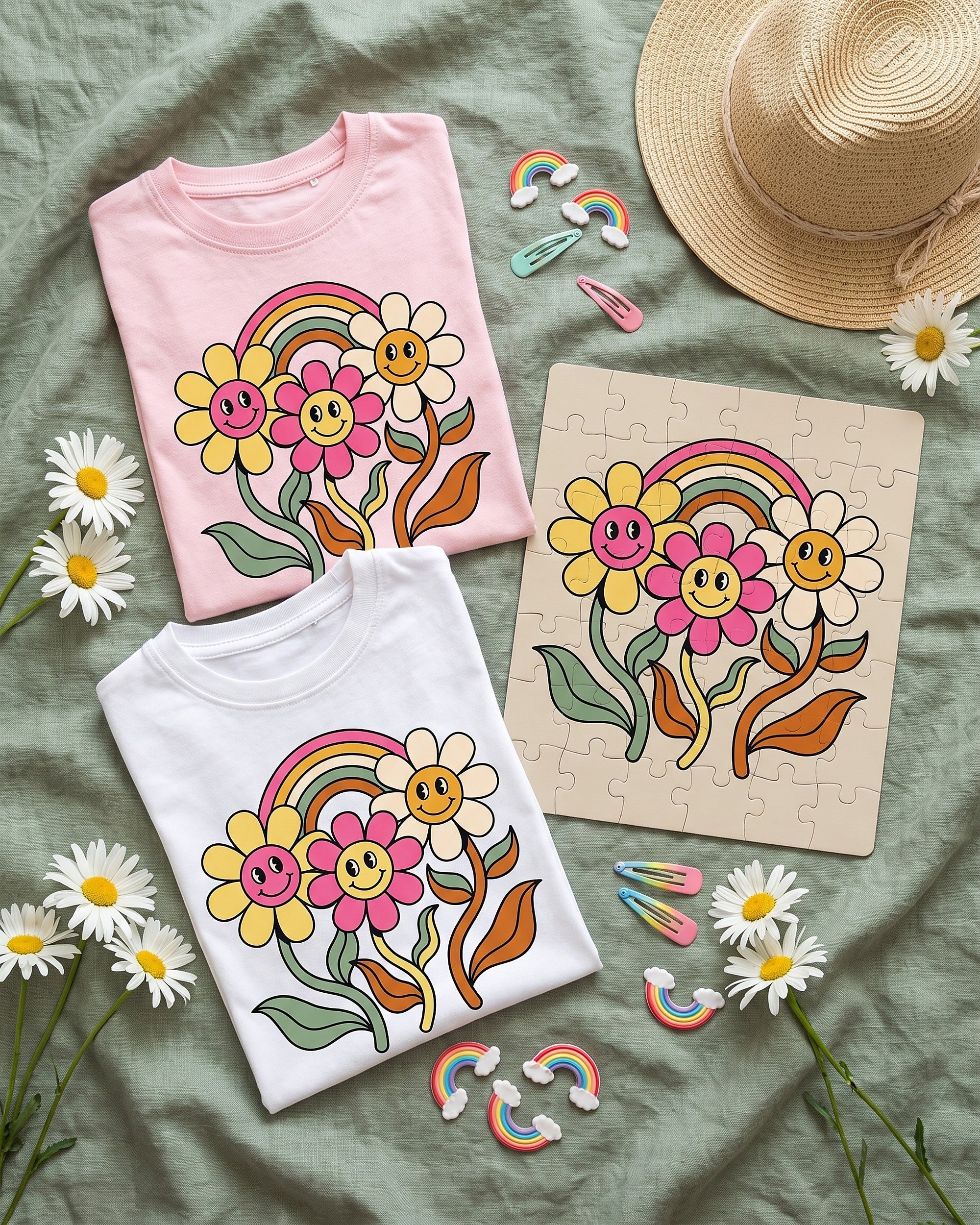 Flat lay of the groovy daisies rainbow design across matching kids garments with playful props